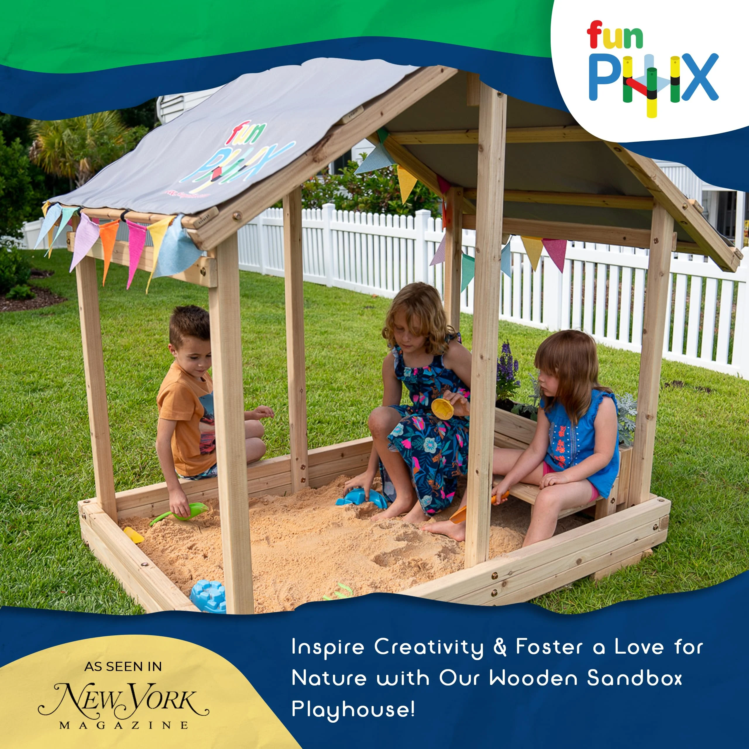 Kids Sandbox Outdoor Playset -Funphix Dig n Play Sandbox with Canopy, Bench, & Flower Planter - Promote Learning & Fun Play with Durable & Easy to Assemble Playsets for Backyard Sand Toys