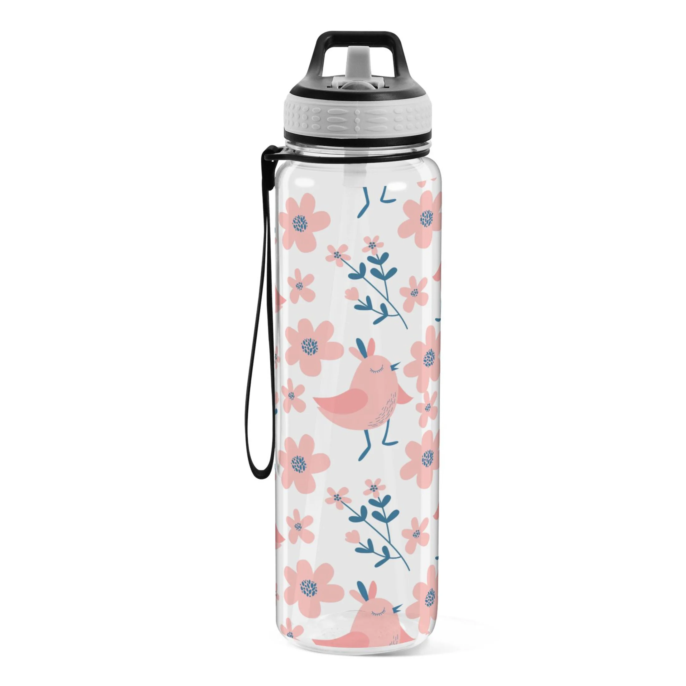 Flowers and Birds on White 32oz Water Bottles with Straw Tritan Leakproof Sports Bottle BPA Free Clear for Fitness Gym Swimming Cycling
