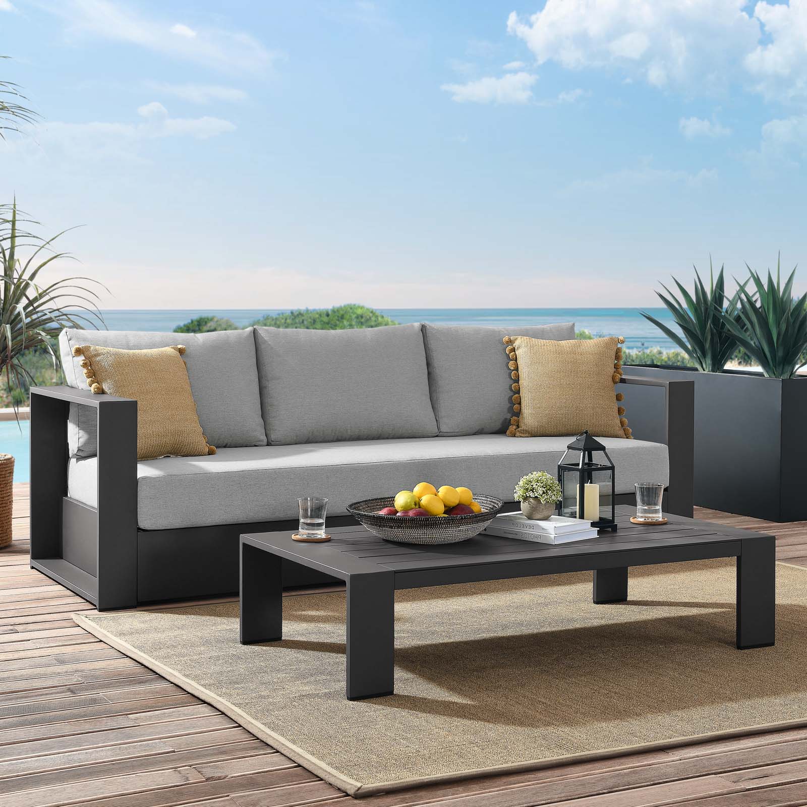 Lounge Sofa Table Set, Grey Gray, Aluminum, Metal, Fabric, Modern Contemporary, Outdoor Patio Balcony Cafe Bistro Garden Furniture Hotel Hospitality