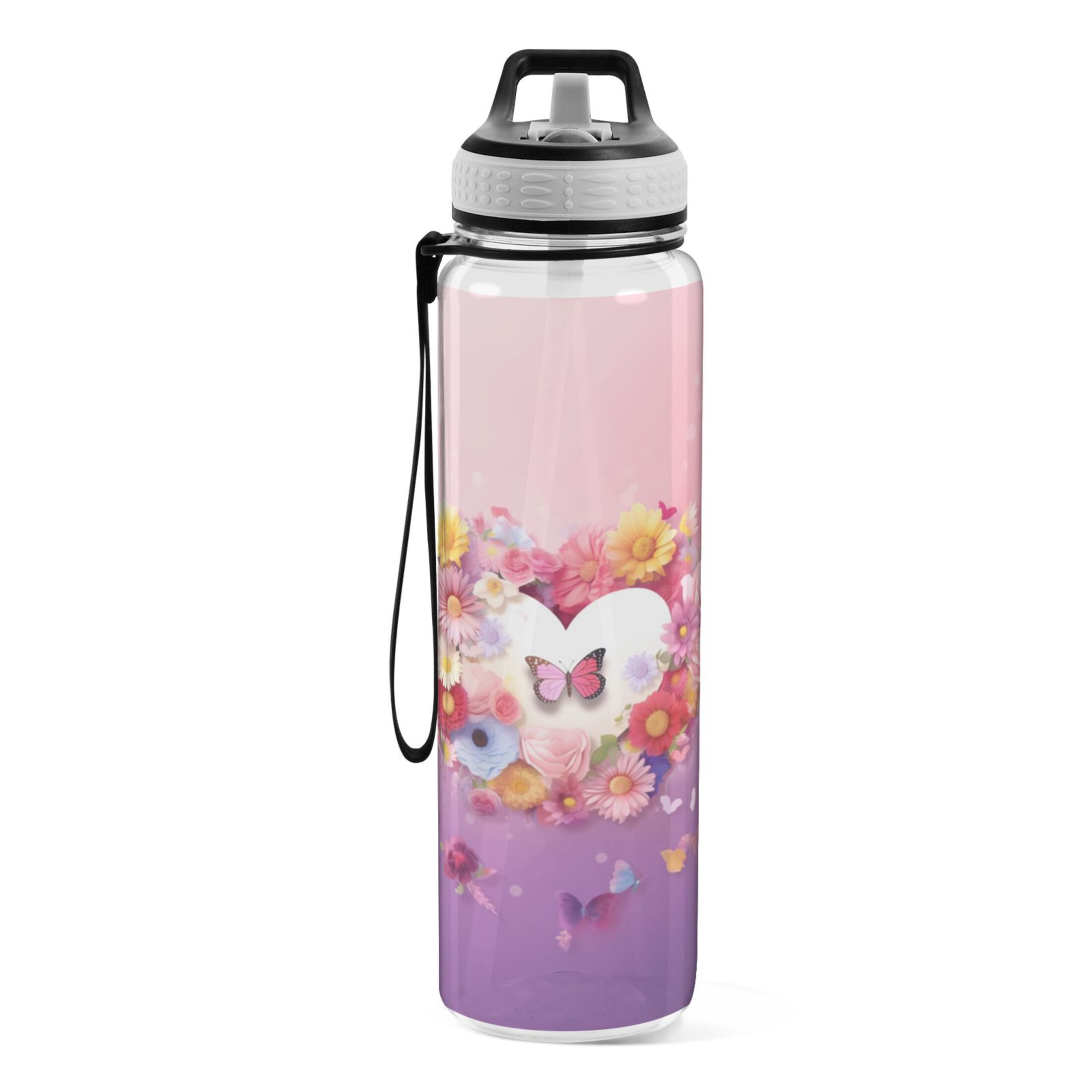 Sunflowers Butterfly on Pink 32oz Water Bottles with Straw Tritan Leakproof Sports Bottle BPA Free Clear for Fitness Gym Swimming Cycling