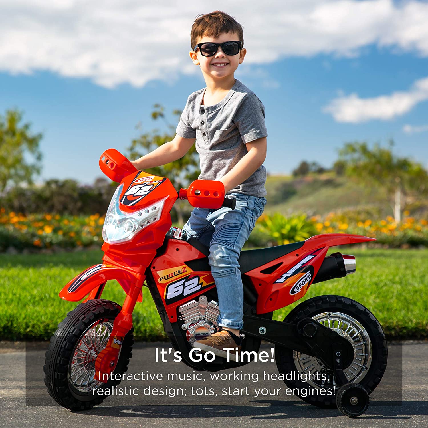 Kids 6V Ride On Motorcycle w/ Treaded Tires, Working Headlights, 2mph Top Speed, Training Wheels, Realistic Sounds, Music, Battery Charger - Red
