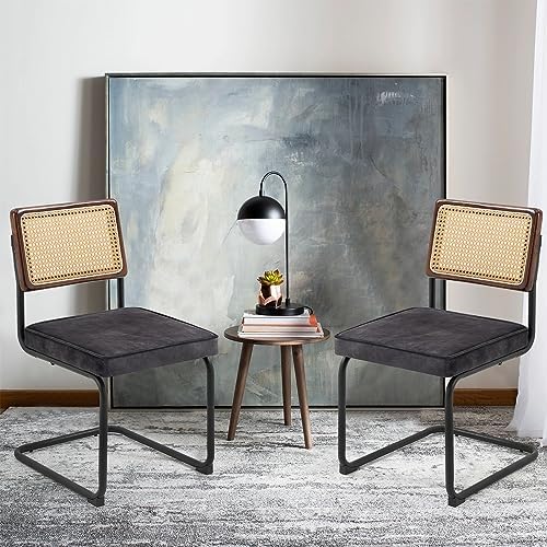 NLIBOOMLife Accent Chairs   Velvet Side Chairs with Rattan Upholstery & Cantilever Metal Base  Mid Century Modern Chairs Exquisite Design for Dining Room Kitchen Room Receiption Room