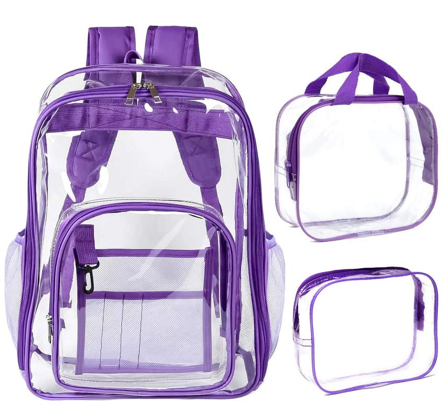 Inadays Waterproof Clear Backpack Set, Heavy Duty PVC Transparent Large Capacity Backpack with Reinforced Padded Straps Purse set for School, Work, Stadium, Travel, Security, College (Purple 3pcs)