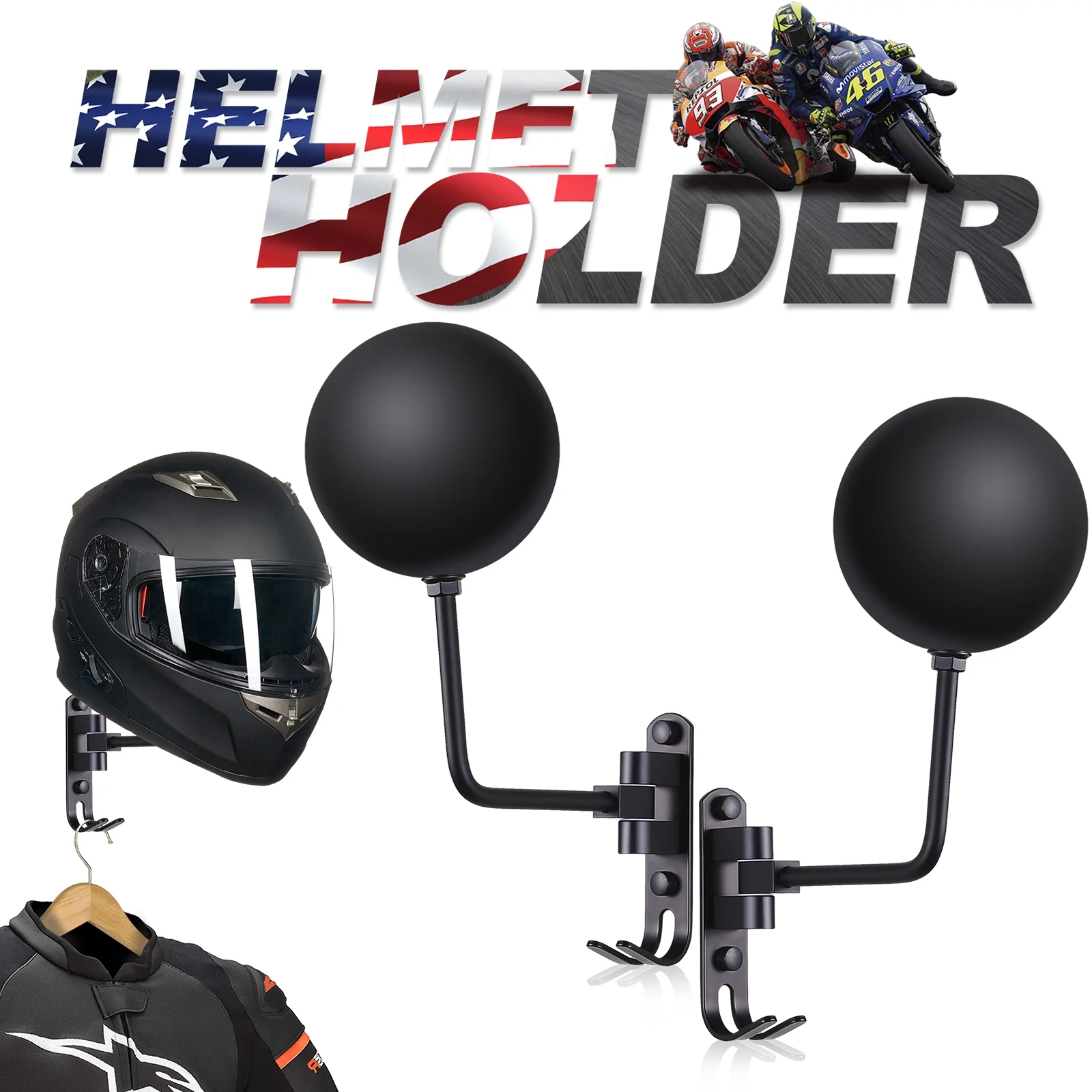 SKIKEN Helmet Holder Wall Mount, Motorcycle Helmet Rack, Helmet Display Stand Wall, 180° Rotation with 2 Hooks, Helmet Hanger Rack for Racing Suit, Football Helmets, Caps (Black, 2-Pack)