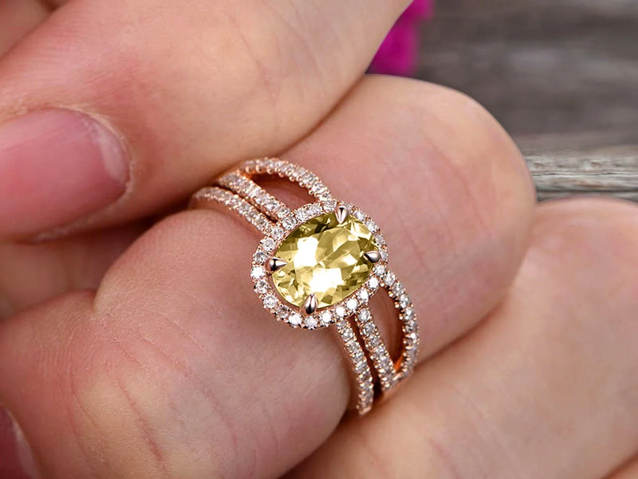 2.75 Carat 8x6mm Oval Cut Champagne Diamond Moissanite Engagement Ring Set On 10k Rose Gold Promise Ring Custom Made Glaring Jewelry Art Deco