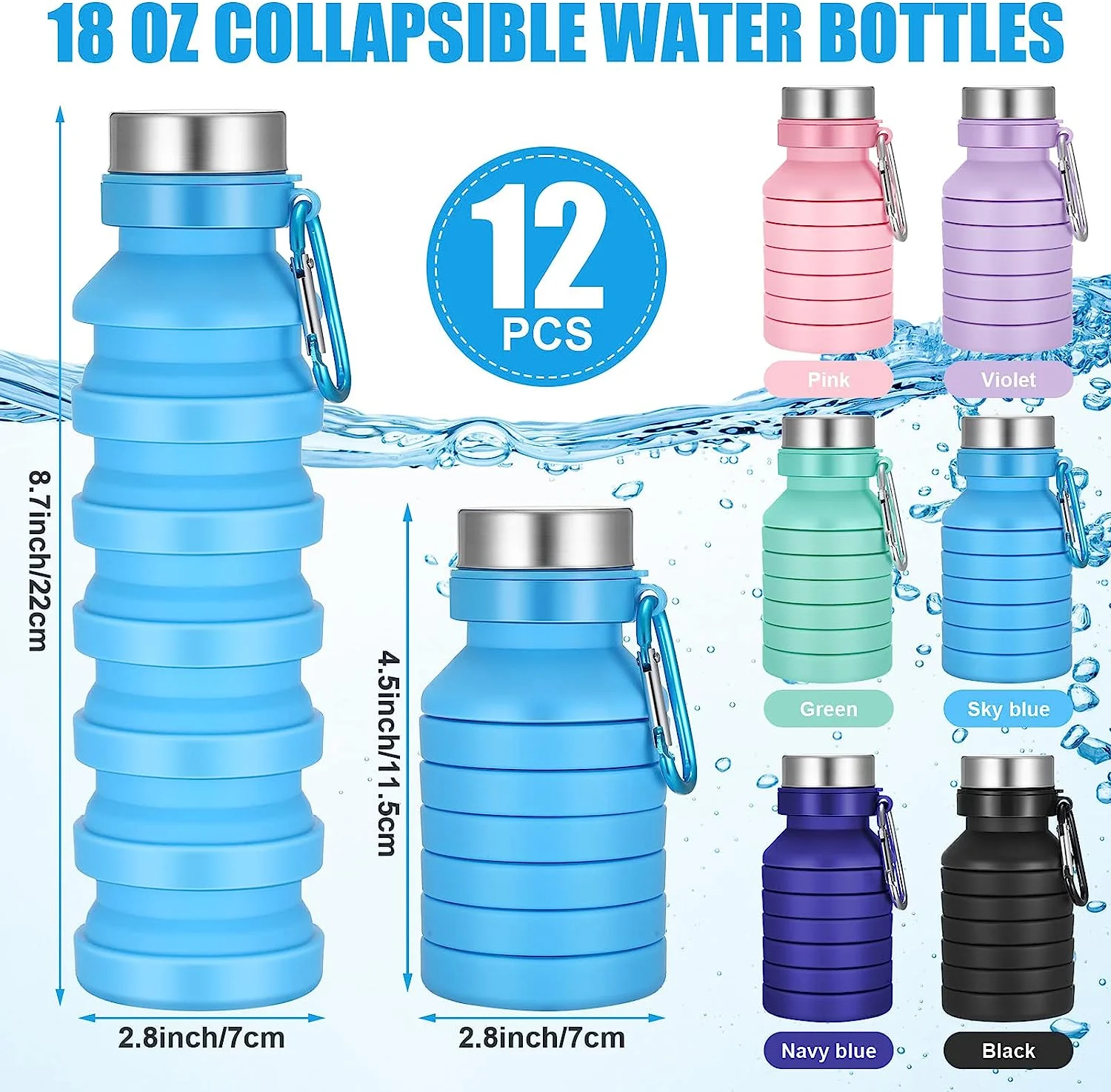 12 Pieces 18oz Collapsible Water Bottles Bulk Foldable Silicone Travel Reusable Leakproof Portable Water Bottles with Clip for Camping Hiking Travel Gym Sport Outdoor, 6 Colors