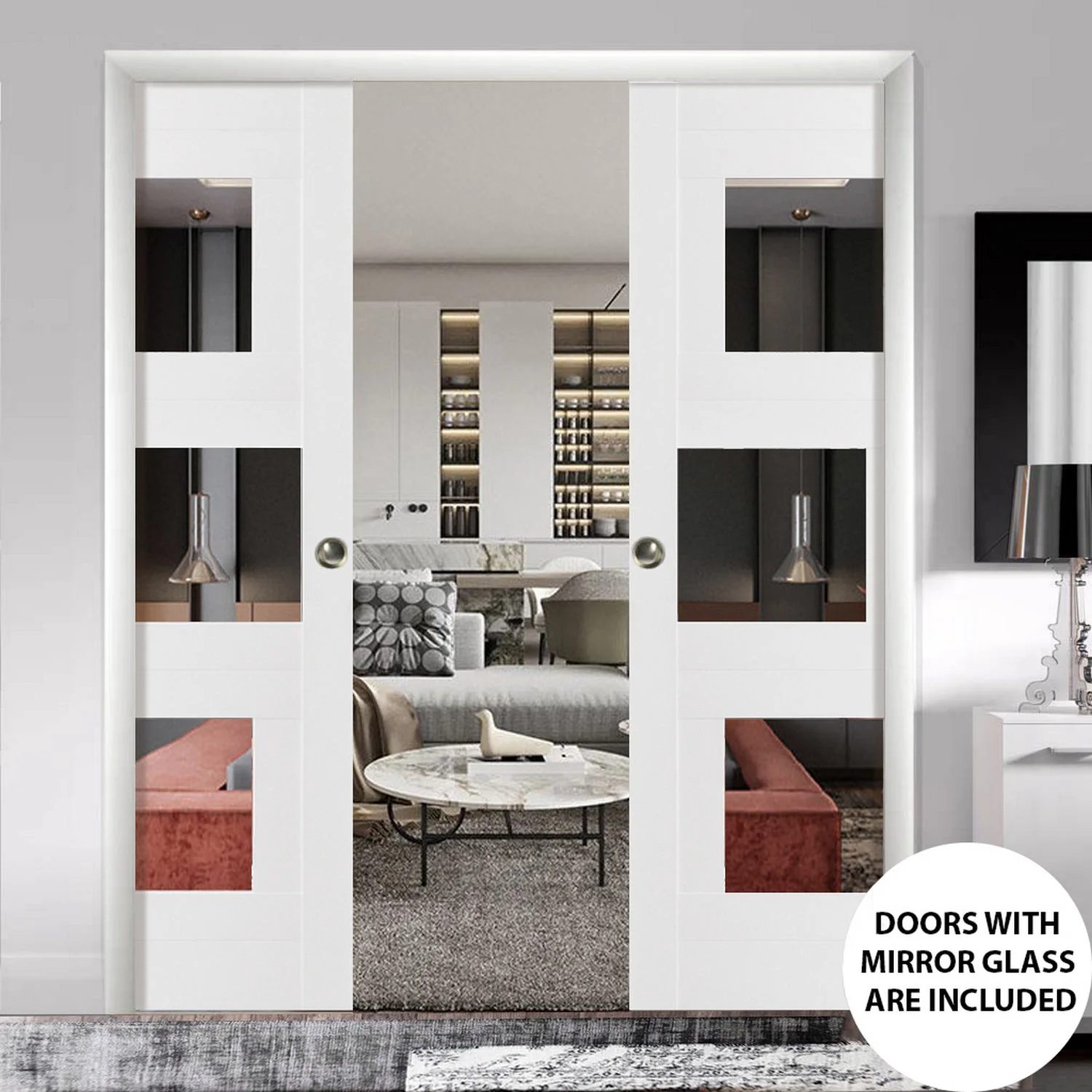Sliding French Double Pocket Doors 72 x 96 inches | Sete 6999 White Silk with Mirror | Kit Trims Rail Hardware | Solid Wood Interior Bedroom Sturdy Doors
