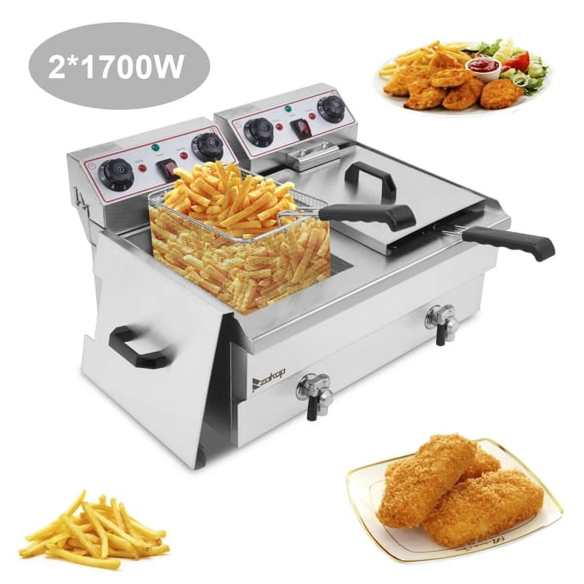 Bornmio 【Replace the old encoding 03688841】EH102V 16.9QT / 16L Total Capacity 24.9QT/23.6L Stainless Steel Faucet Double Tank Deep Fryer 3400W MAX (8L 8L Big Blue/Large Handle)