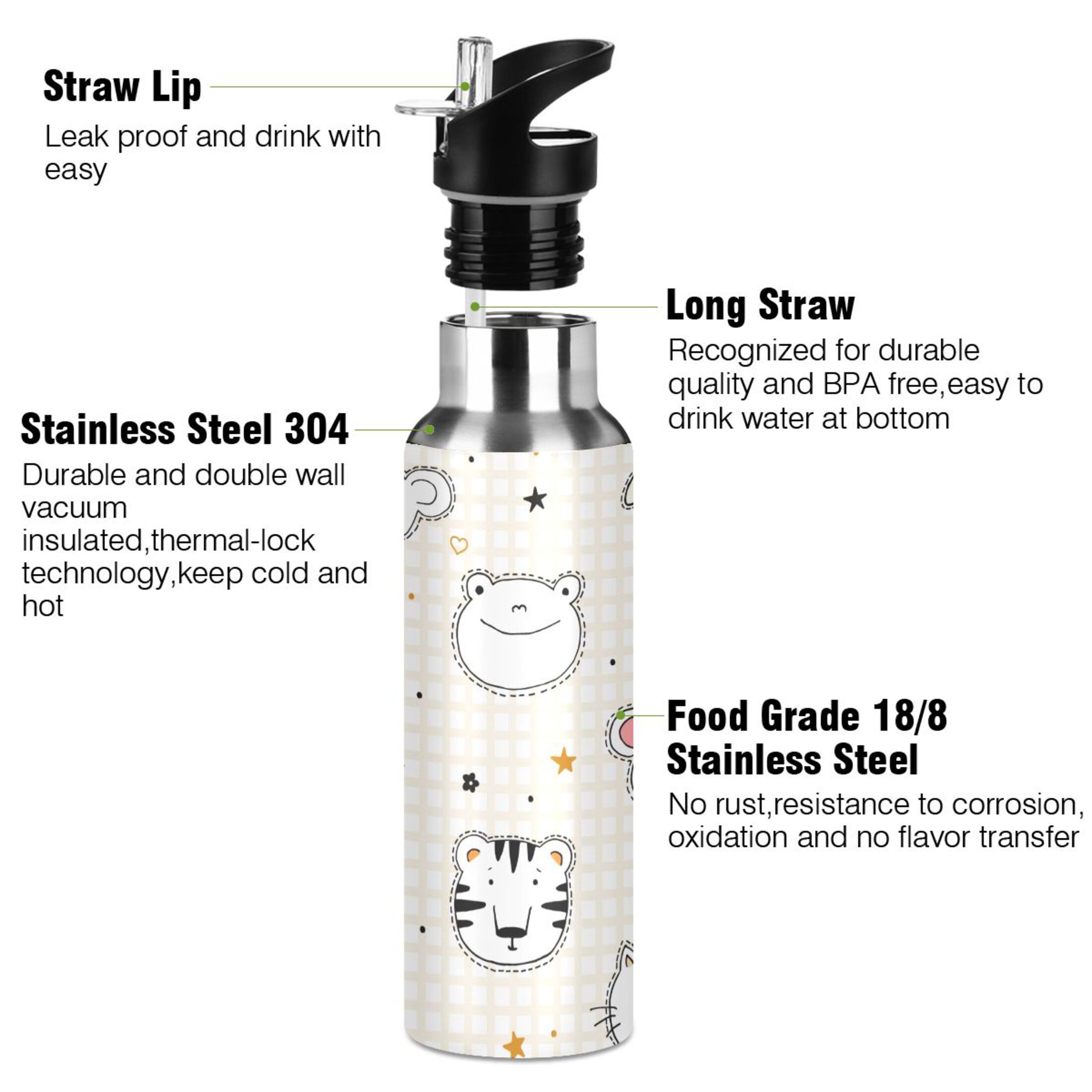 Water Bottle with Straw Lid Leak Cute Animal Tiger Lion Stainless Steel Insulated Thermos Vacuum Flask for Cold Hot Drinking for Sports Camping Gym Yoga