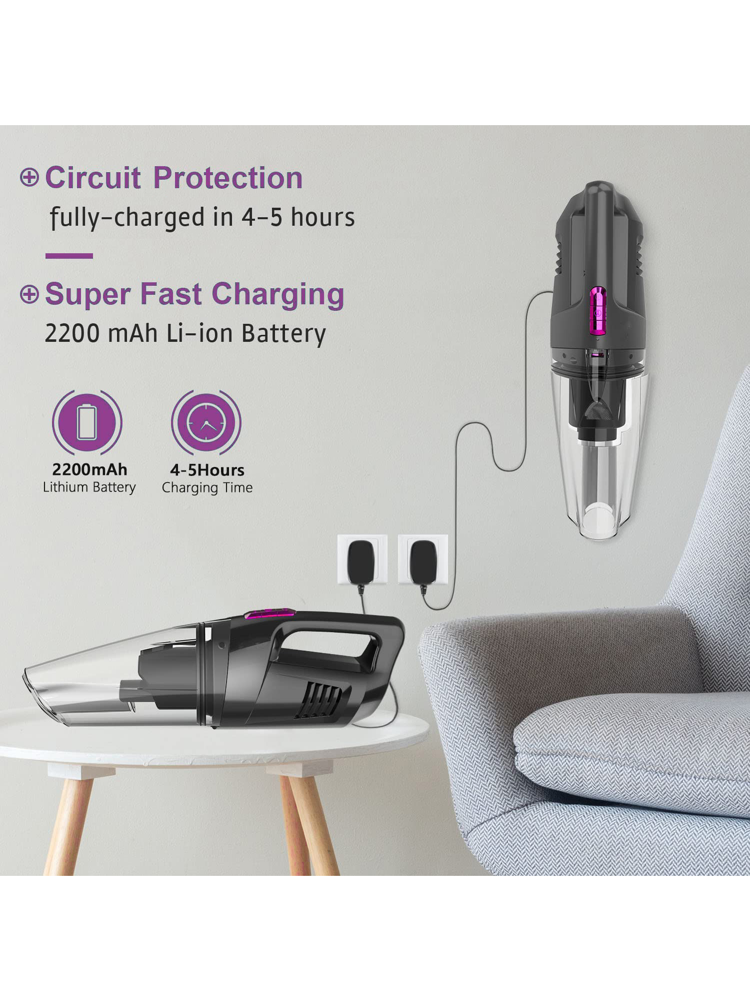 Whall Mini Vacuum Cleaners for Home Vacuum Cordless Handed Cleaner 8500 PA Strong Suction Low Noise Wet Dry Quick Charge for Car Home