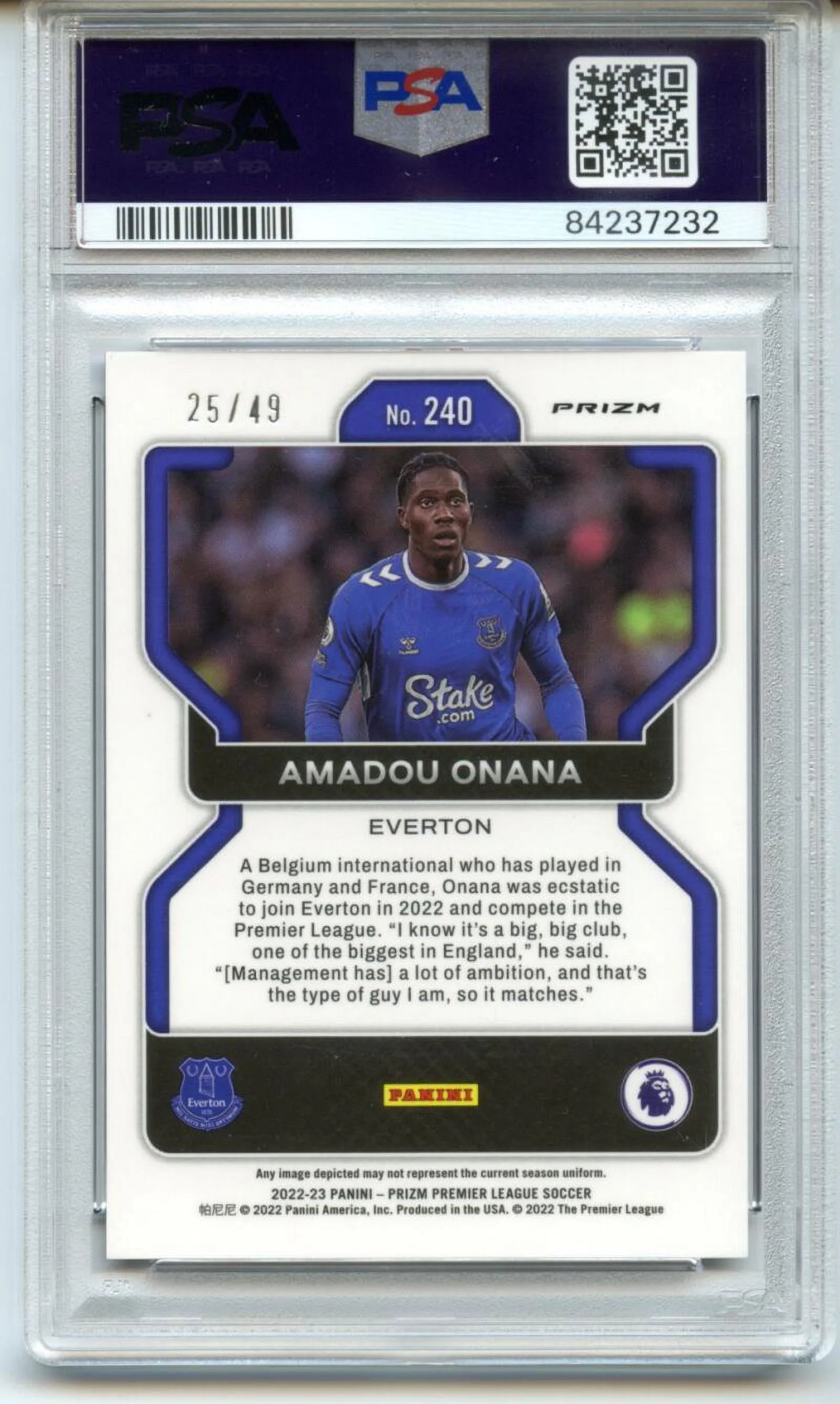 Amadou Onana 2022 Purple Prizm Purple Prizm  /49  #240 PSA 10