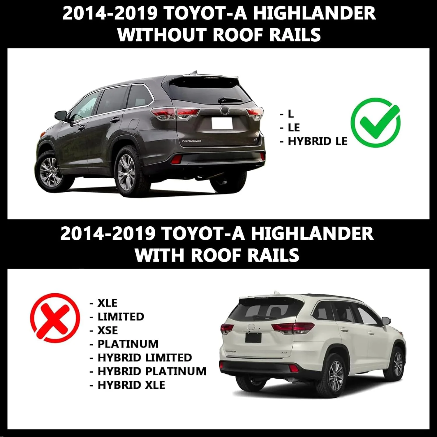 Roof Rack Crossbars Fits 2014-2019 Highlander L & LE Trims| Low Profile Flush Side Rails Cross Bars Cargo Ski Kayak Bike Carrier Aluminum Snowboard Rack - Black (Models Without Side Rails)