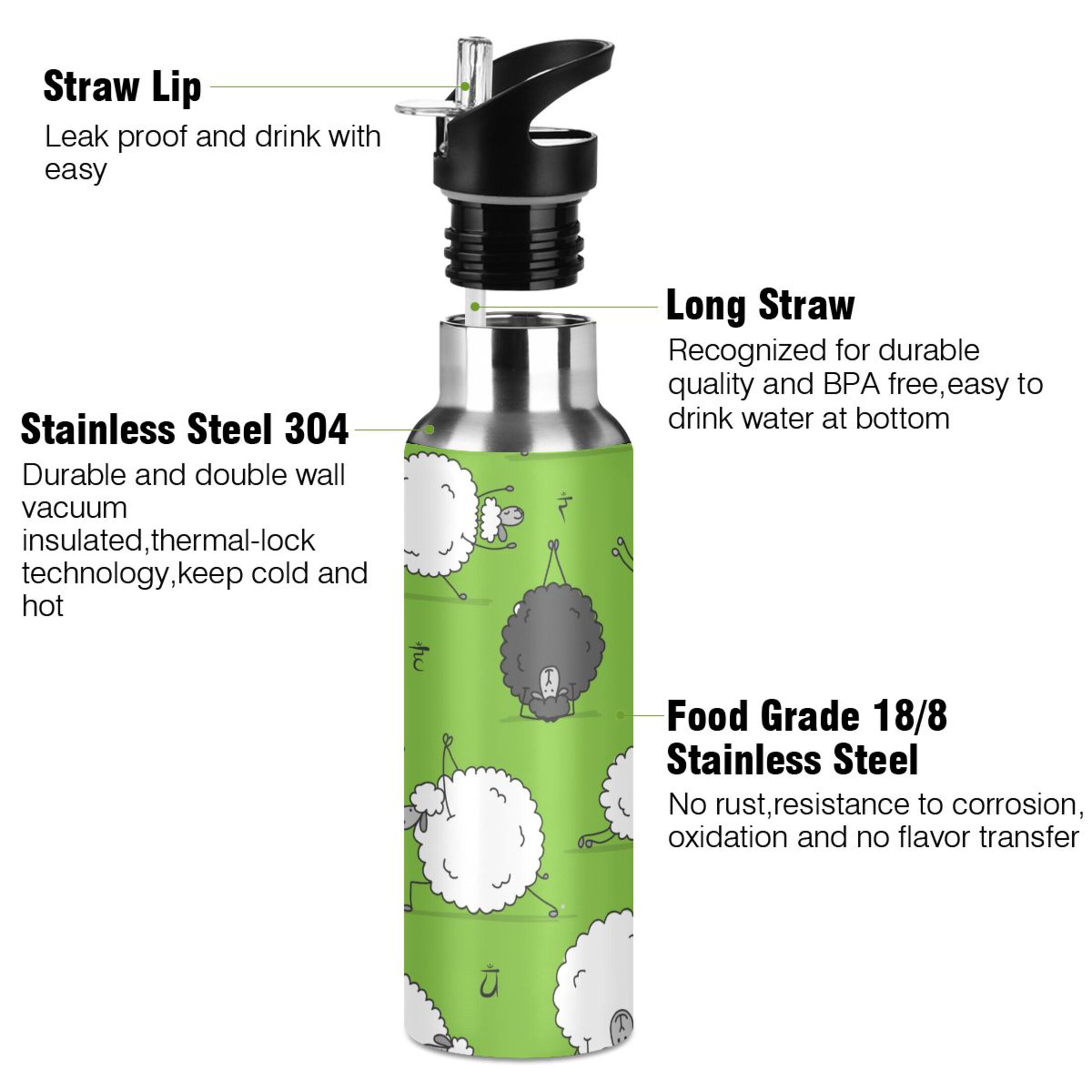 Water Bottle with Straw Lid Leak Cute Sheeps on Green Stainless Steel Insulated Thermos Vacuum Flask for Cold Hot Drinking for Sports Camping Gym Yoga