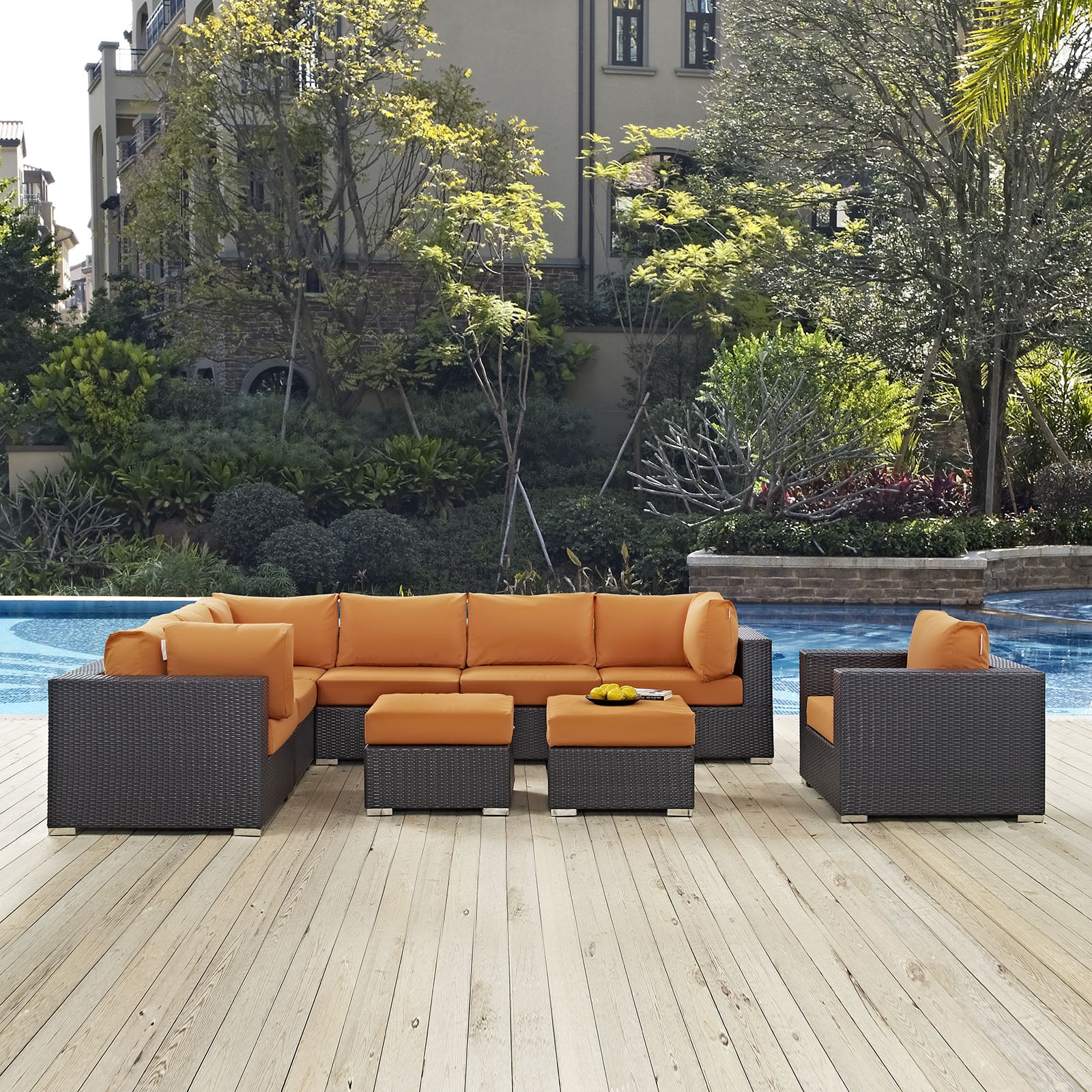 Modern Contemporary Urban Design Outdoor Patio Balcony Nine PCS Sectional Sofa Set, Orange, Rattan