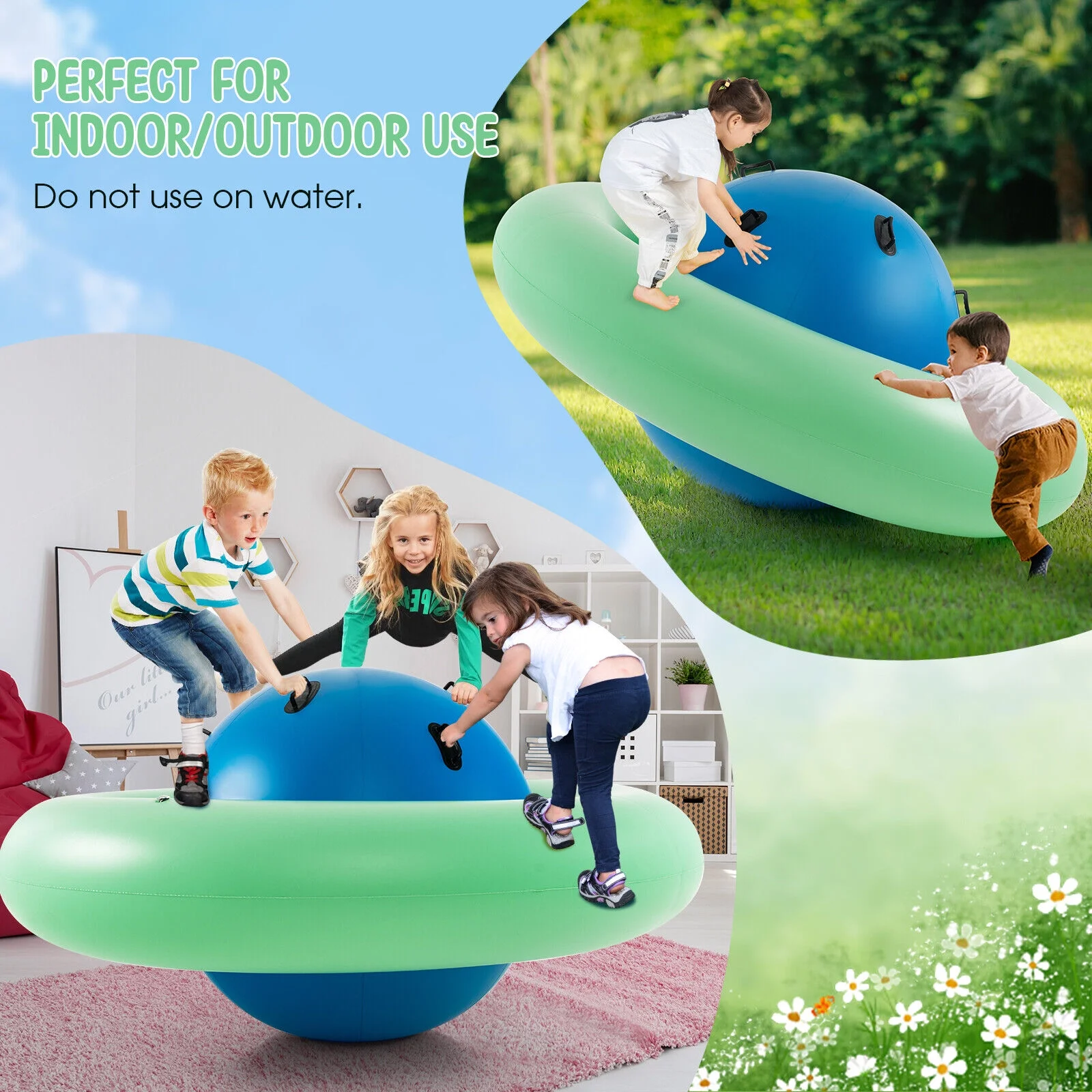 FONIRRA 7.5 FT Inflatable Dome Rocker Bouncer Kids Seesaw Rocker with 6 Handles for Kids Outdoor Active Play, Green & Blue