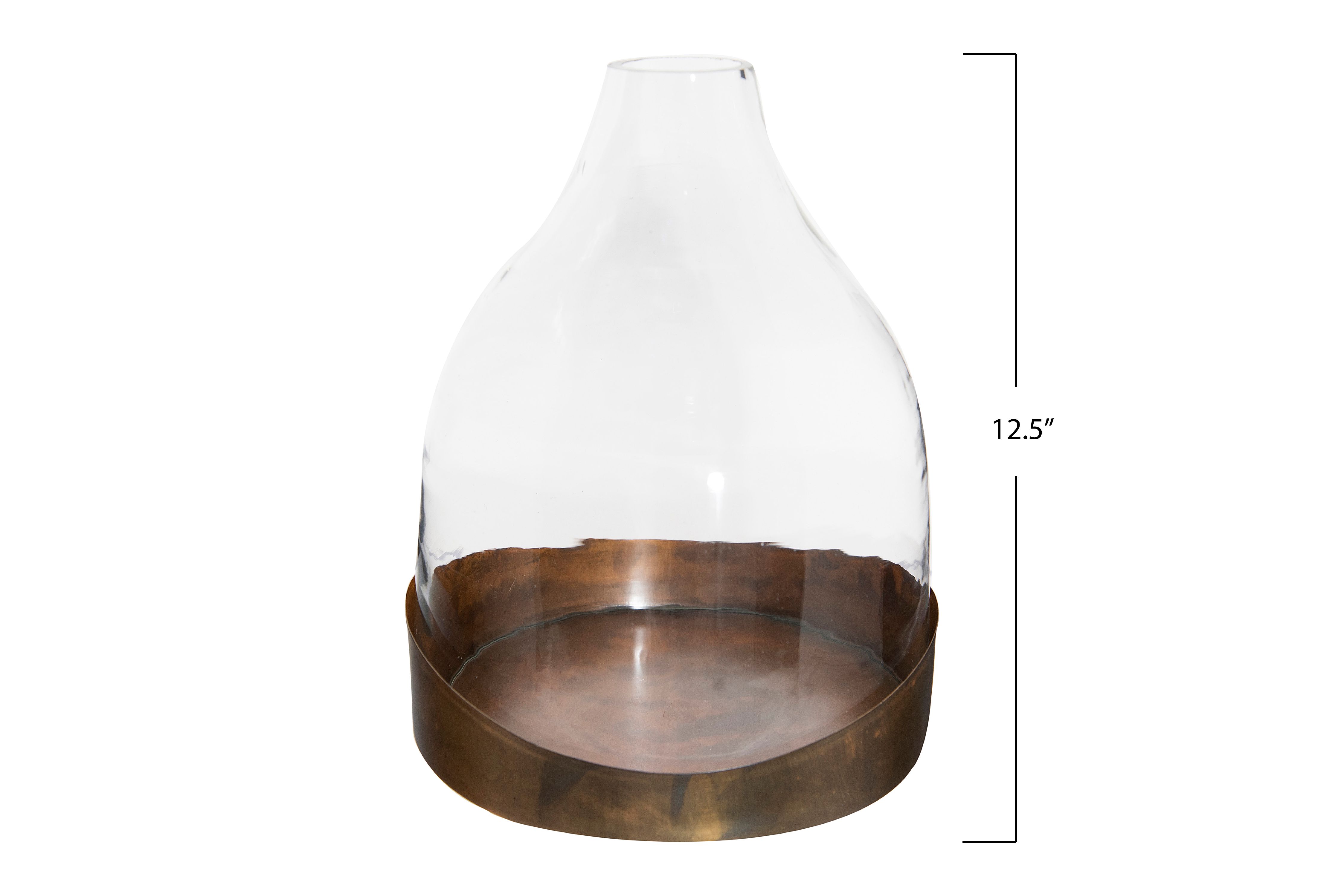 Creative Co-Op Glass Cloche with Antique Copper Finished Metal Tray (Set of 2 Pieces)