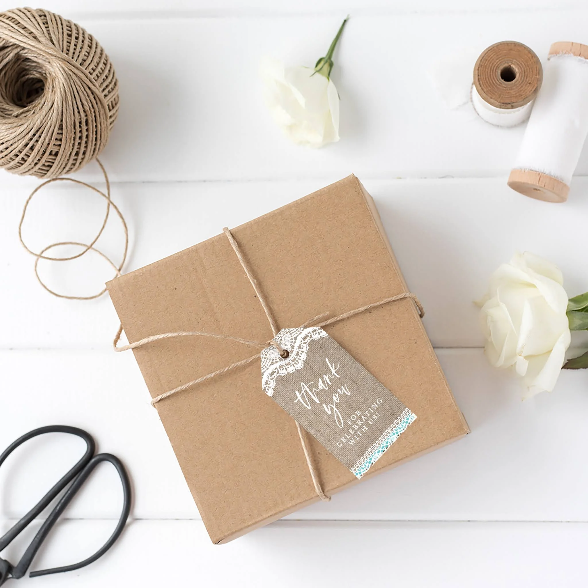 Koyal Wholesale Thank You For Celebrating With Us Favor Tags Burlap LPke Cardstock Gift Tags with Bakers   100-Pk