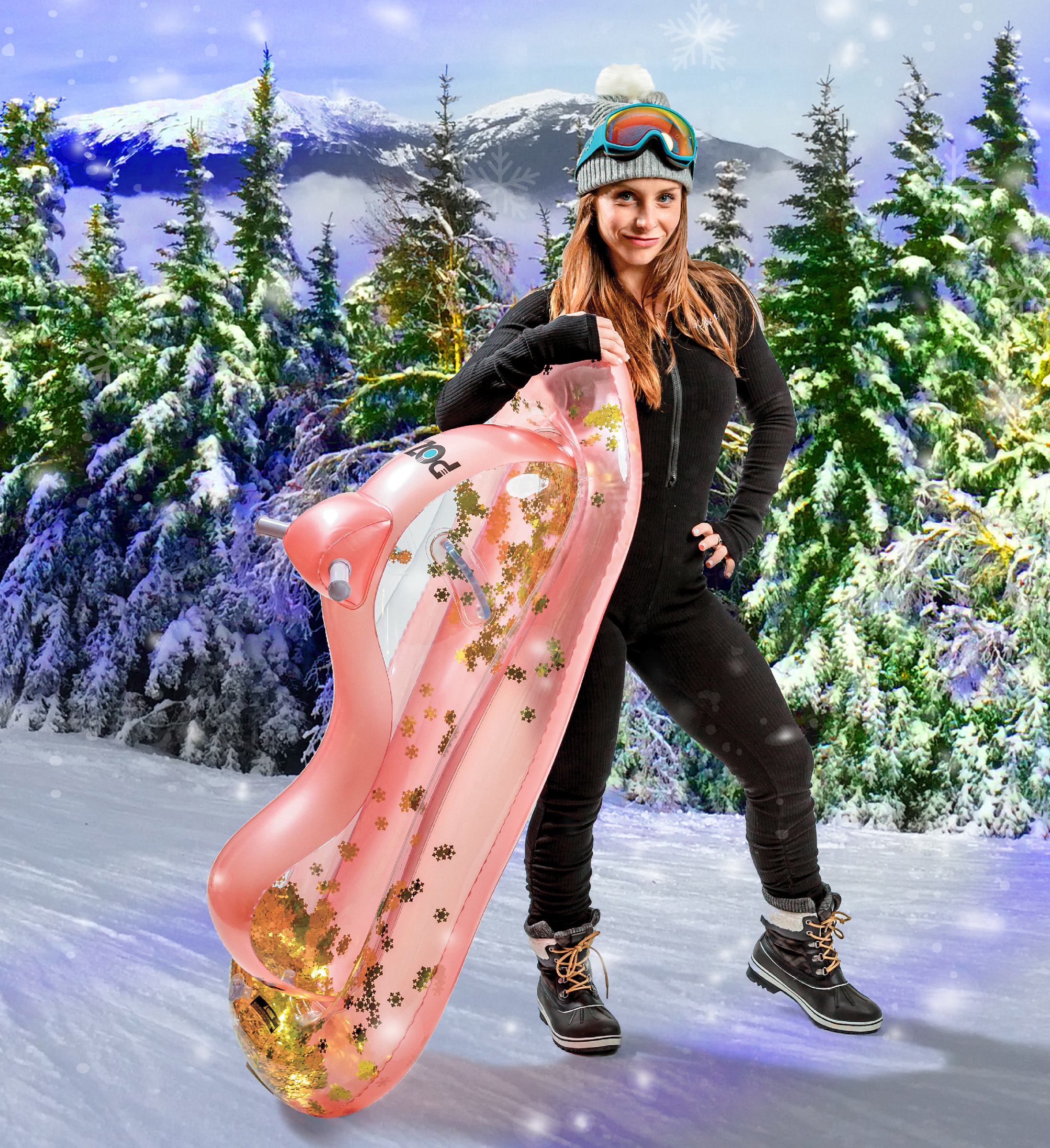 POZA Inflatable Snowmobile Sled Set of 3 – Luxurious Rose Gold, Gold, and Silver Snow Sleds with Handles and Snowflakes, Premium Cold Resistant Heavy Duty PVC Sled for Adults and Kids – 51 Inches