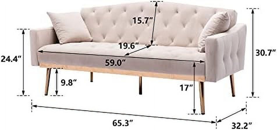 LLBIULife 65\u201D White Convertible Velvet Sofa Bed  Modern Loveseat Sleeper Couch with 3 Adjustable Angles  Mid Century Accent Sofa with 2 Pillows for Living Room Bedroom Apartment
