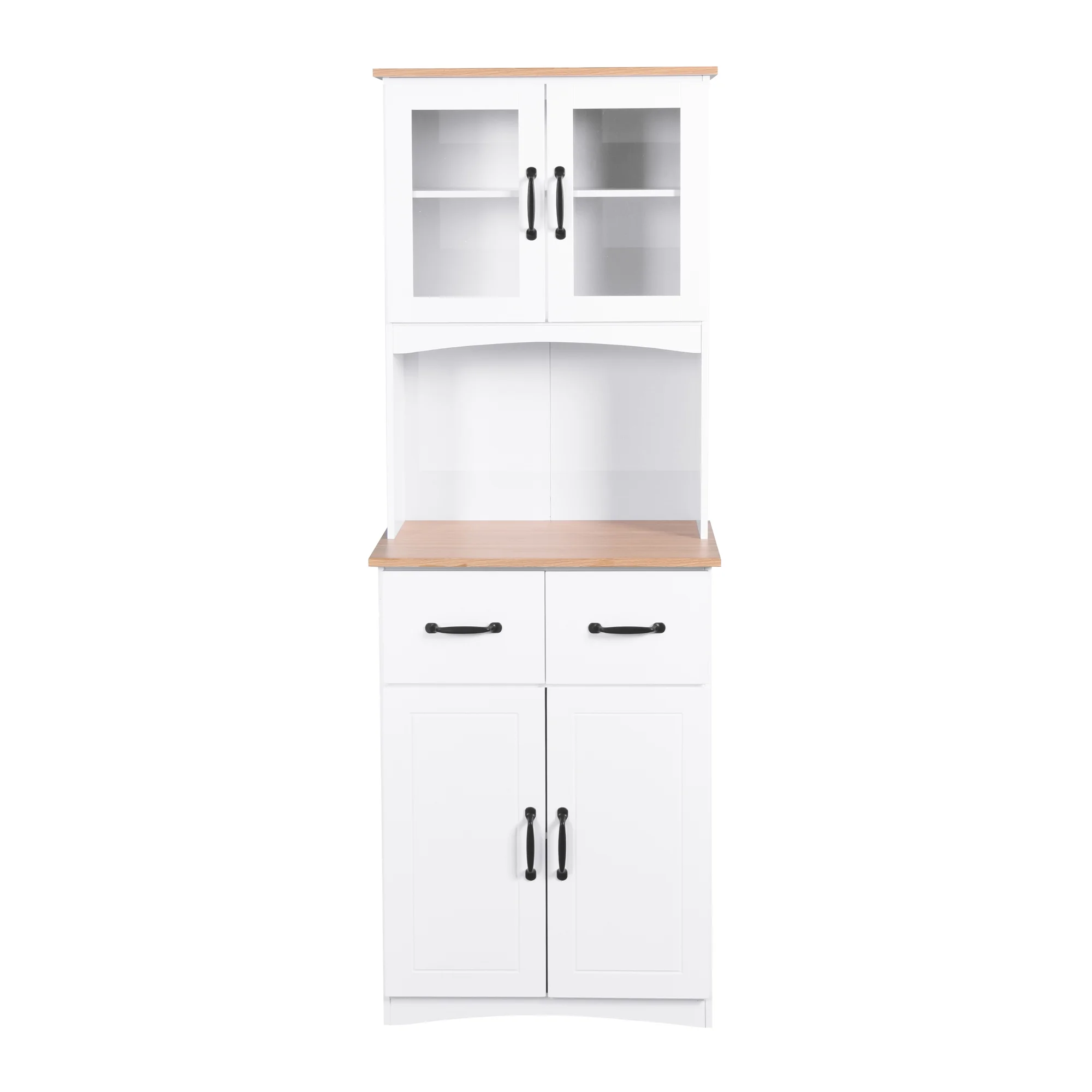 CQSXDA Tall Wooden Kitchen Cabinet with Top and Bottom Enclosed Cabinet Space，2 Drawers, Kitchen Pantry Storage Cabinet ，Open Space for Microwave, (White)