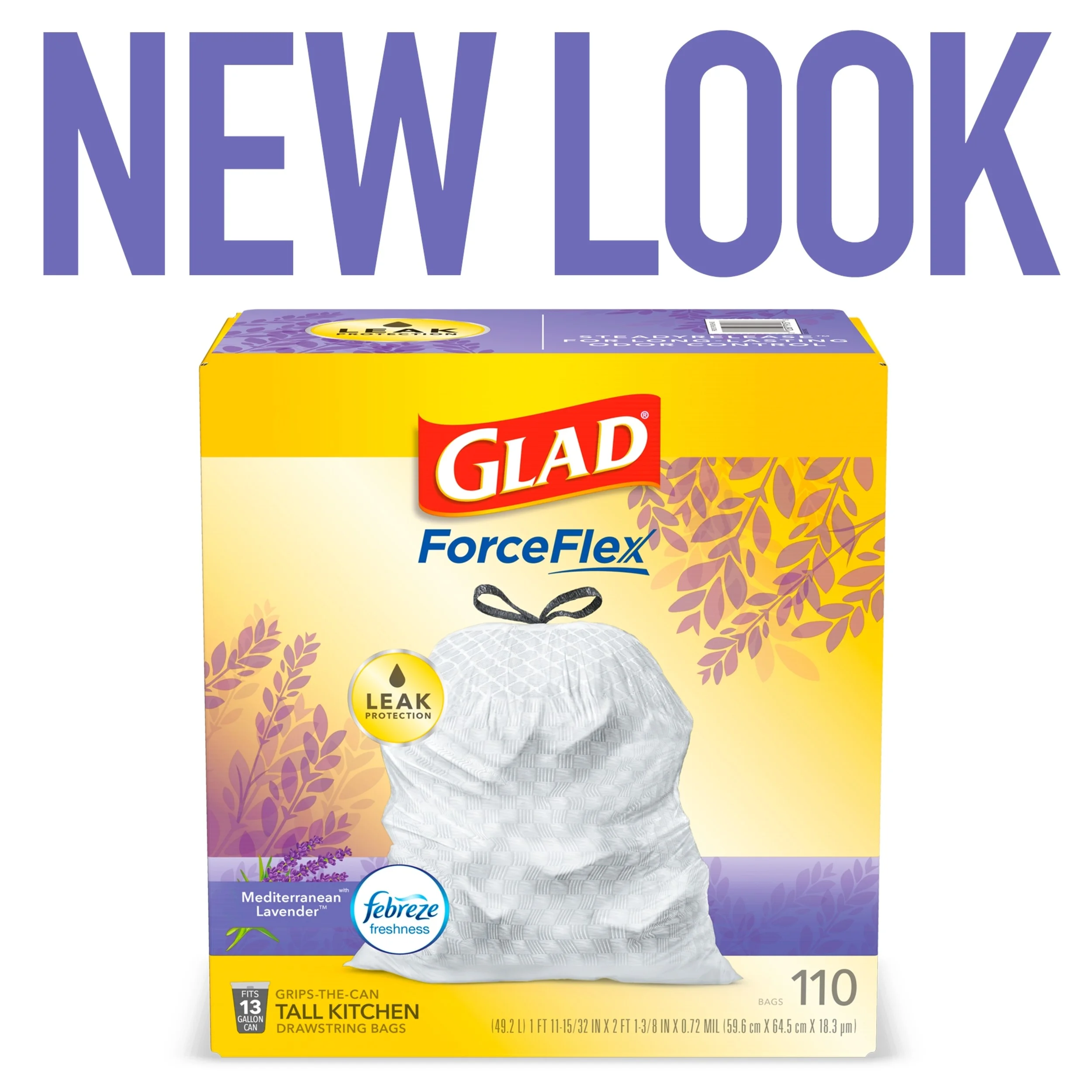 Glad ForceFlex Tall Kitchen Drawstring Trash Bags - 13 Gallon White Trash Bag, Mediterranean Lavender scent with Febreze Freshness - 110 Count