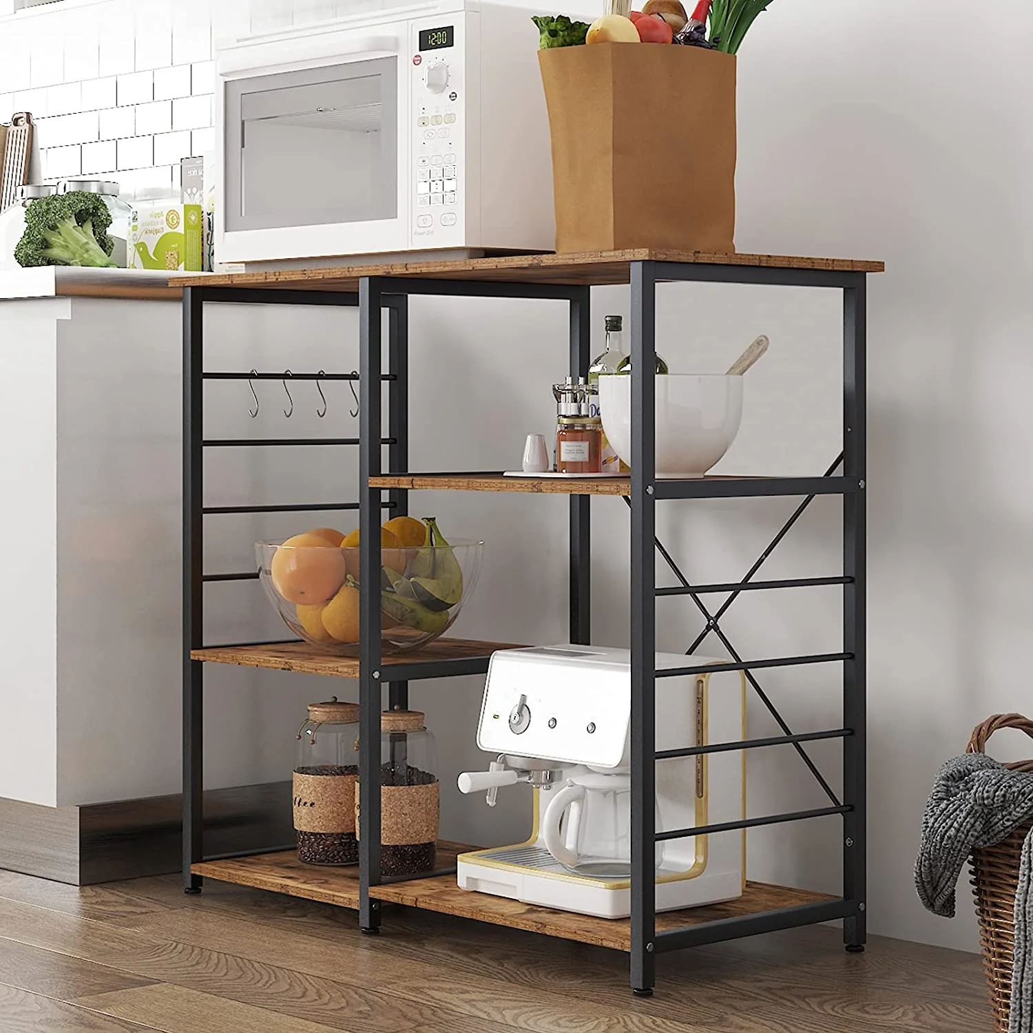 SogesPower Kitchen 3-Tier Baker's Rack with Kitchen Organizer- Brown