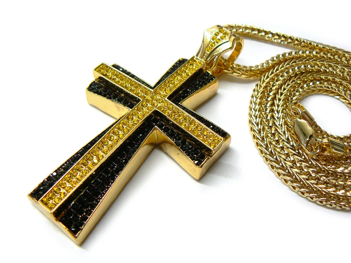 Paved Gold/Black/Yellow Tone Cross Pendant w/ 4mm 36