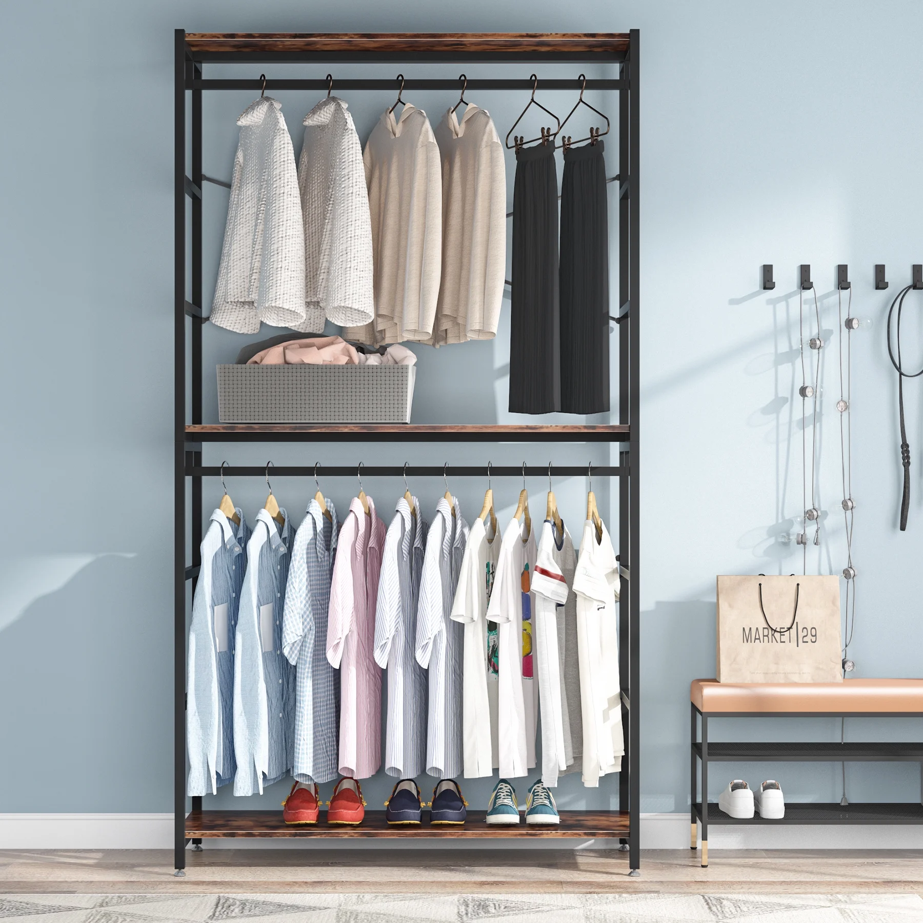 86 inches Double Rod Closet Organizer, Tall Freestanding 3 Tiers Shelves Clothes Garment Racks