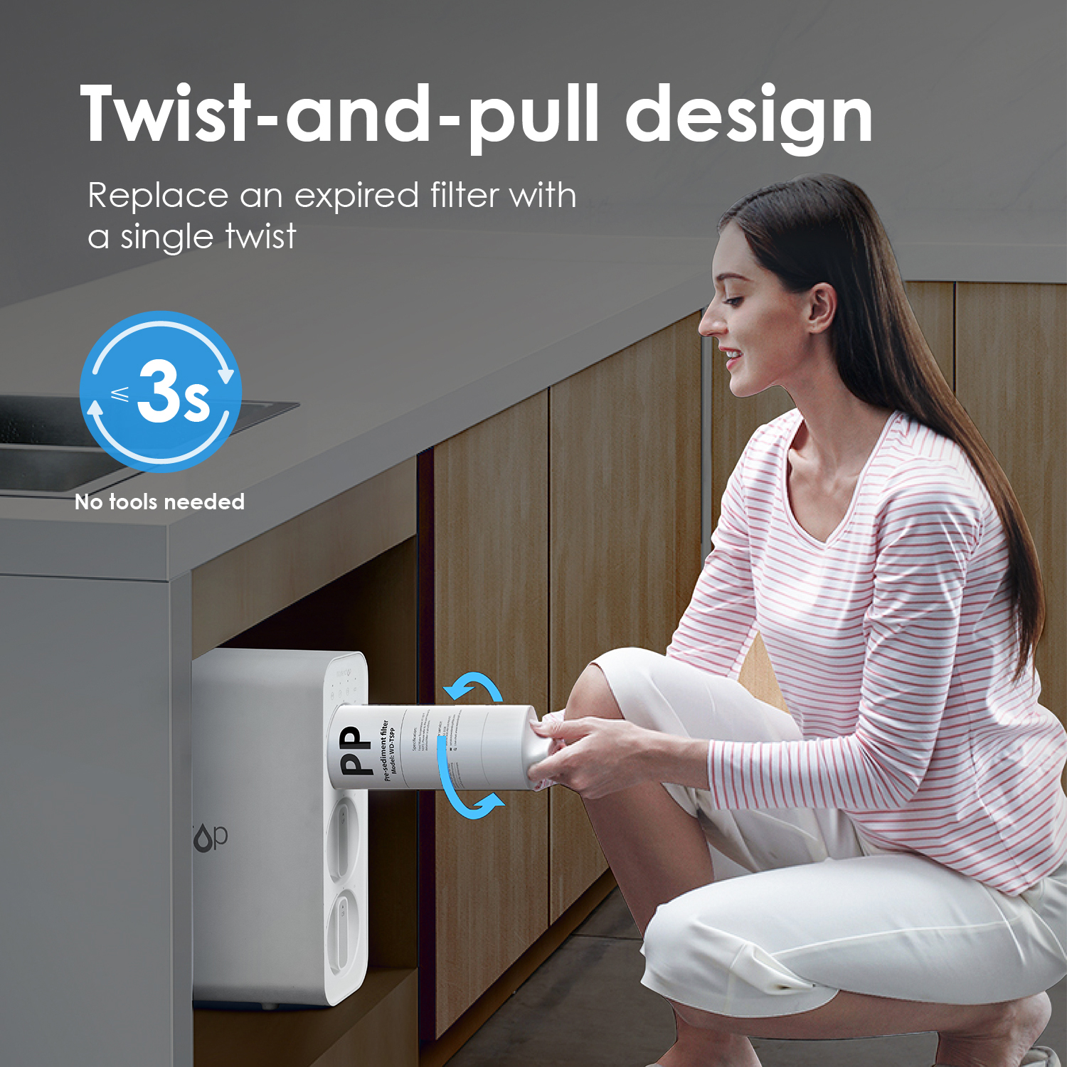 Waterdrop TSU 0.01μm Ultra-Filtration Under Sink Water Filter System, 3-Stage High Capacity to Remove 99.99% of Contaminants Larger than 0.01μm, USA Tech, Smart Panel, No Waste Water, 2 Years Lifetime