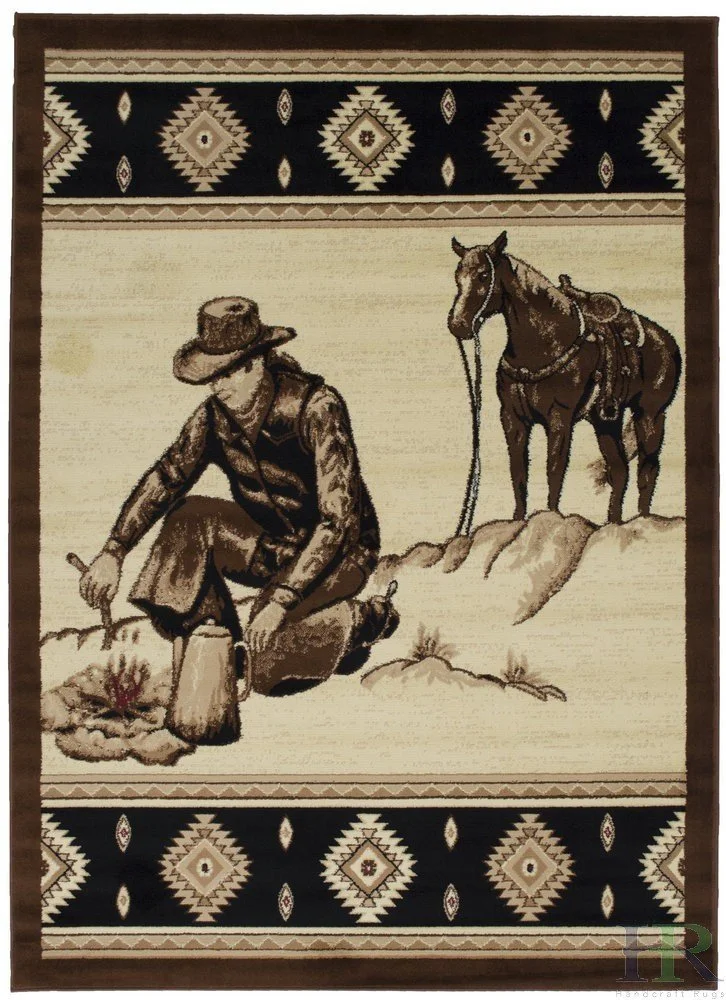 Lodge, Cabin Nature and Animals Area Rug - Southwestern Design Cabin Area Rug - Abstract, Chocolate Brown/Beige-Cowboy/Horse