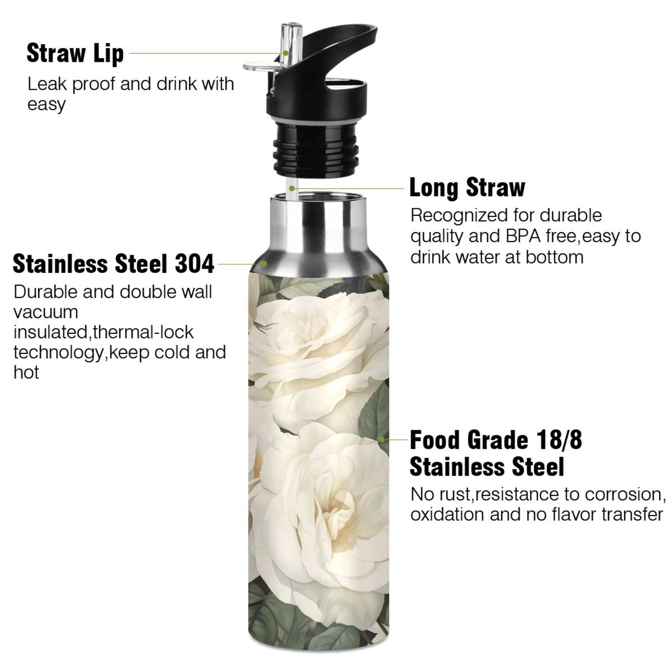Water Bottle with Straw Lid Leak White Roses Flowers with Leaves Stainless Steel Insulated Thermos Vacuum Flask for Cold Hot Drinking for Sports Camping Gym Yoga