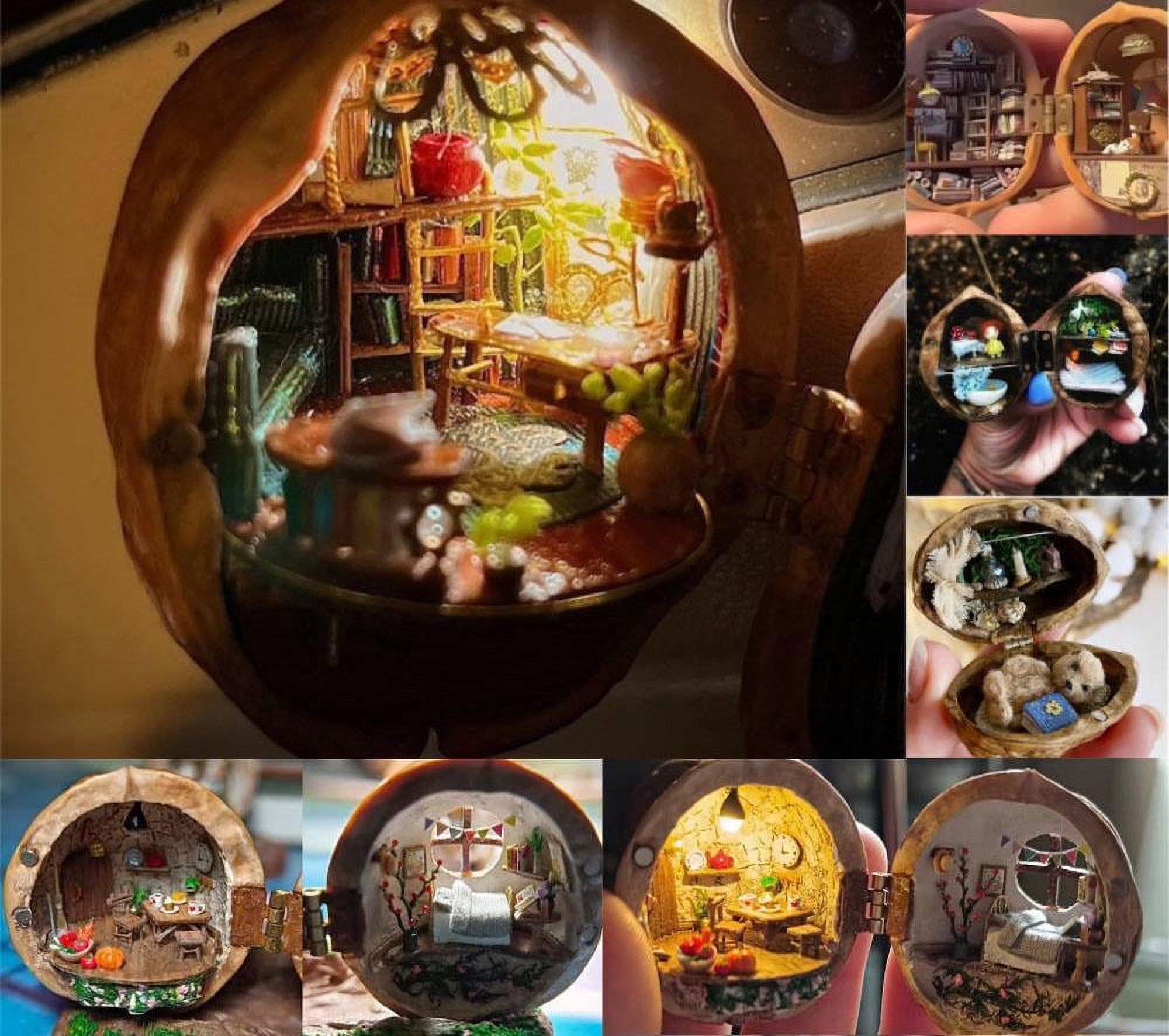 Angfeng Walnut Dollhouse Tiny World Inside Walnuts Resin Miniature Dollhouse Kit Handmade Mini Library 3D Children's Toy Gift(F)