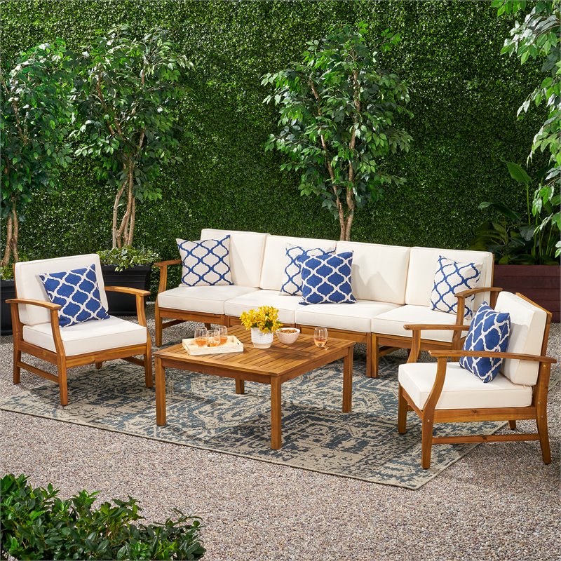 Afuera Living Outdoor 6 Seater Teaked Acacia Wood Sofa Set & Cream Cushions