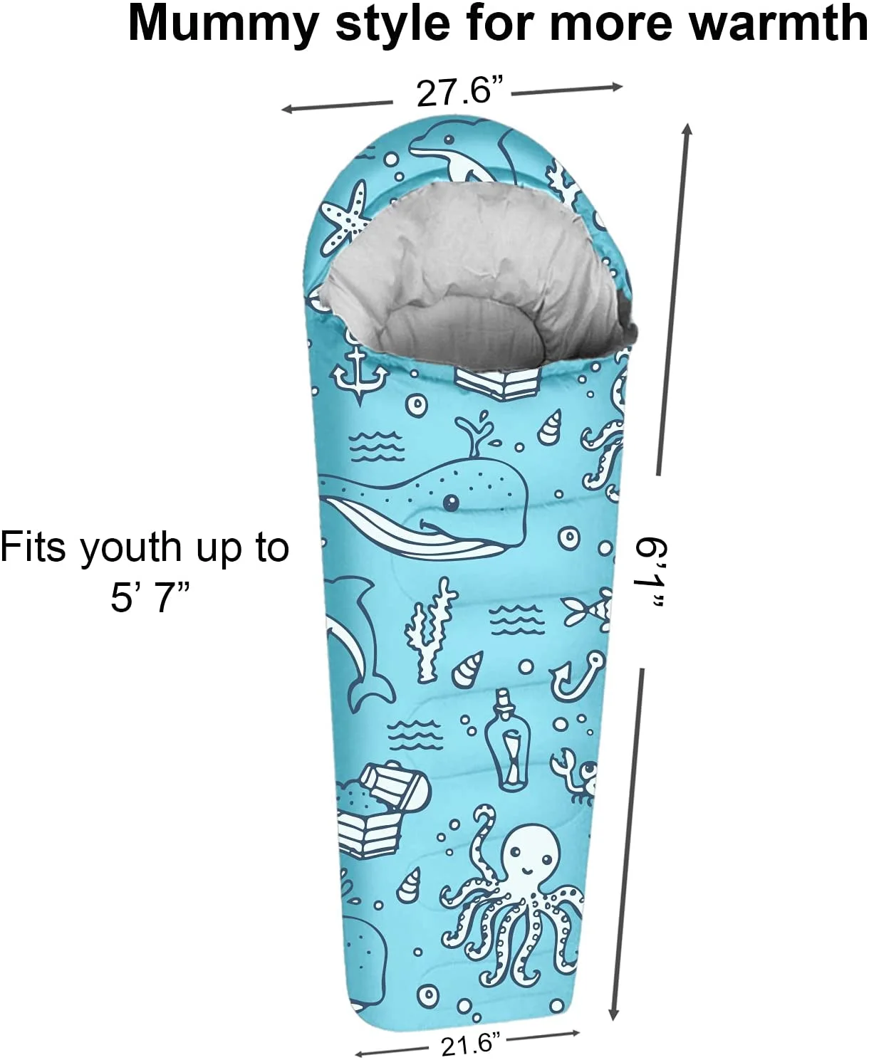 KidzAdventure 32-59F Youth and Kids Sleeping Bag | Indoor/Outdoor Boys and Girls Sleeping Bag | Mummy Style, Lightweight Sleeping Bag for Kids - Ocean World Youth