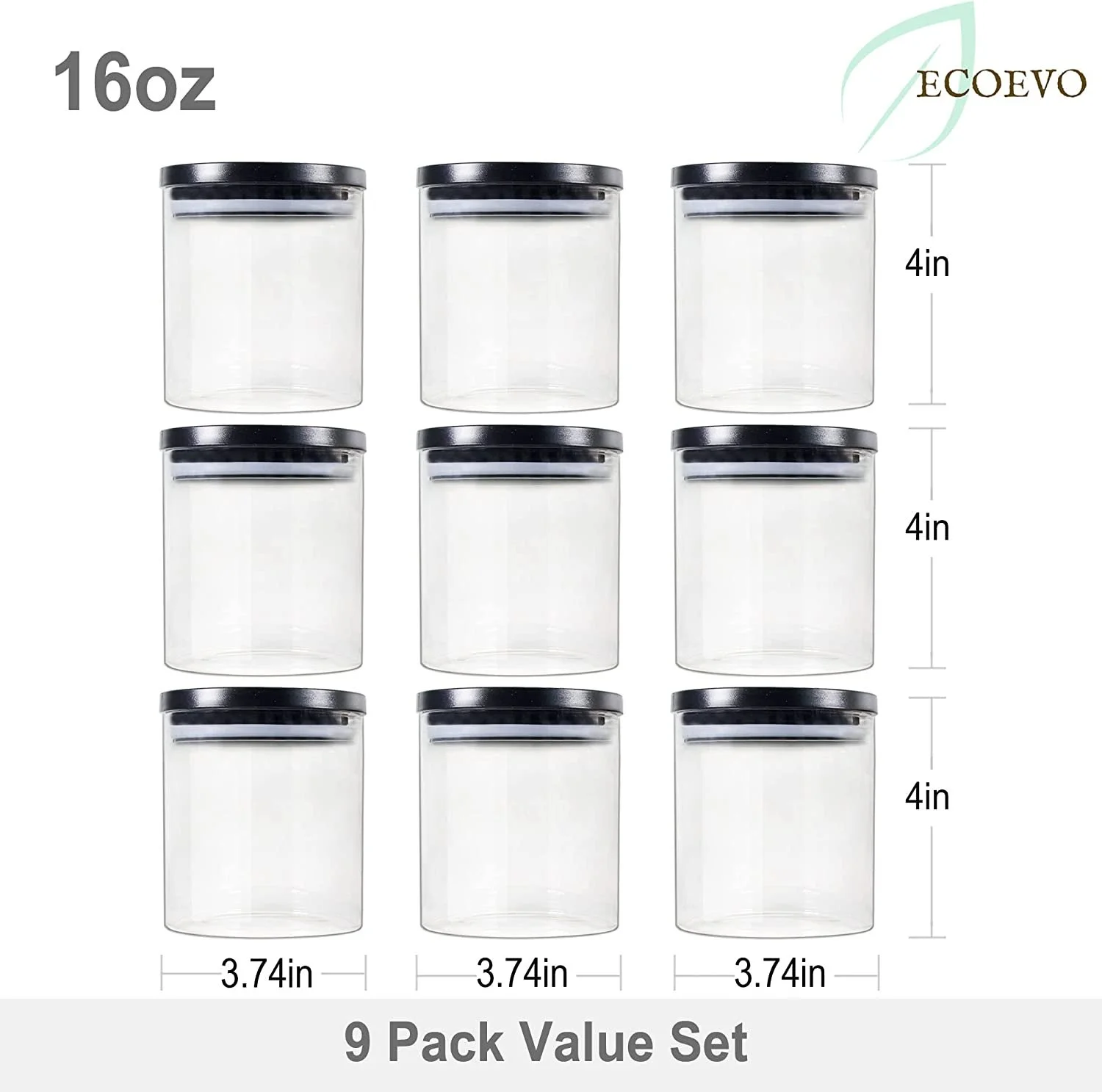 Glass Jars with Black lids, Glass Food Storage Containers with Stackable Lids, Glass Food Jars and Canisters Sets, Glass Pantry Jars with Airtight Lids, Glass Storage Jars 9 Pack of 16oz