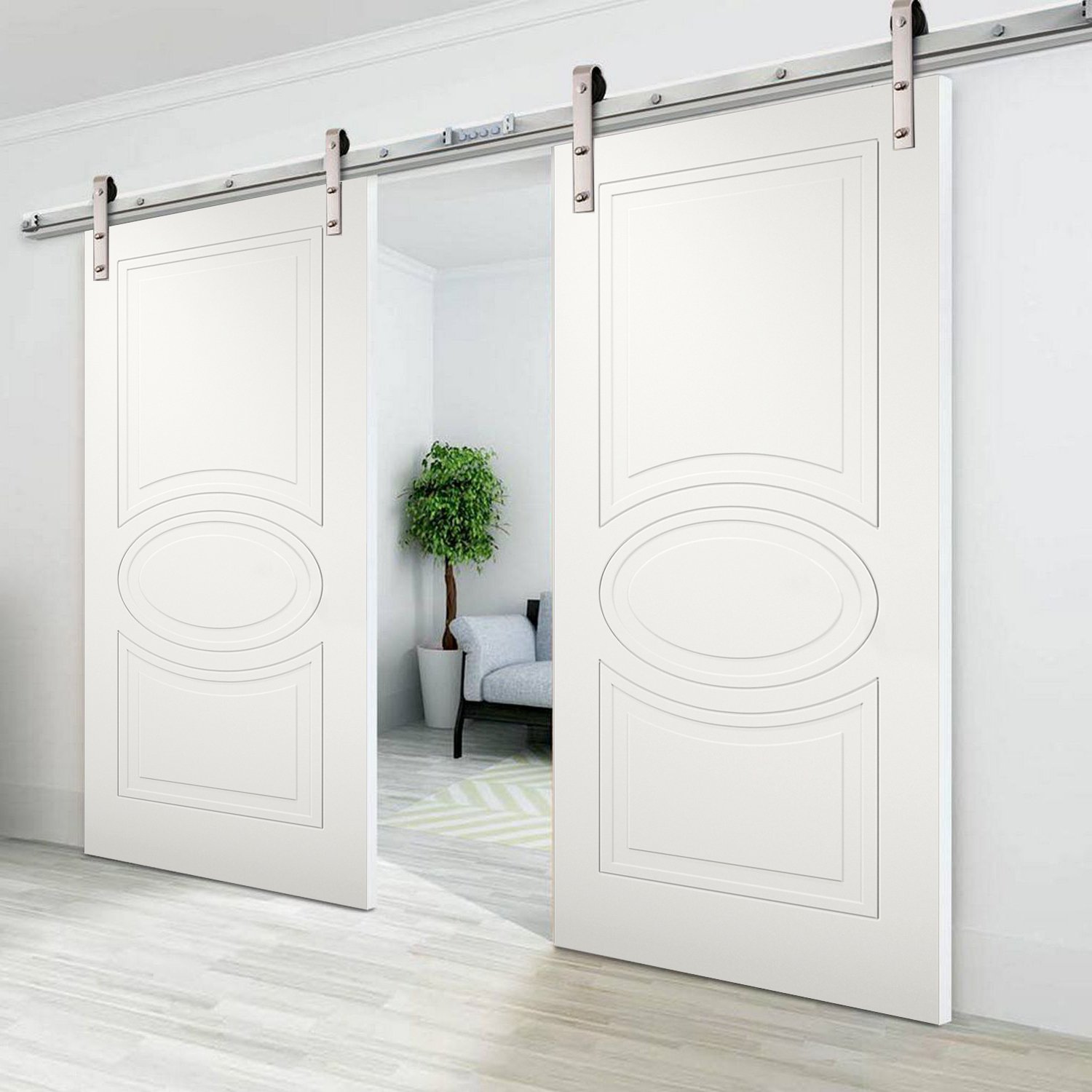 Modern Double Barn Door 64 x 80 inches / Mela 7001 Matte White / Stainless Steel 13FT Rail Track Set / Solid Panel Interior Doors