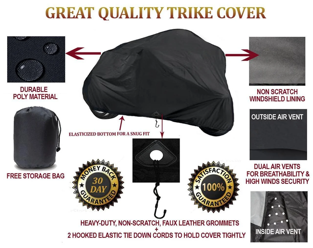 Quality Trike Cover Compatible for Can-Am Roadster Spyder 2010 3-Wheeler. TOP OF THE LINE PROTECTIVE BIKE TARP. Breathable and Portable Vehicle Protection
