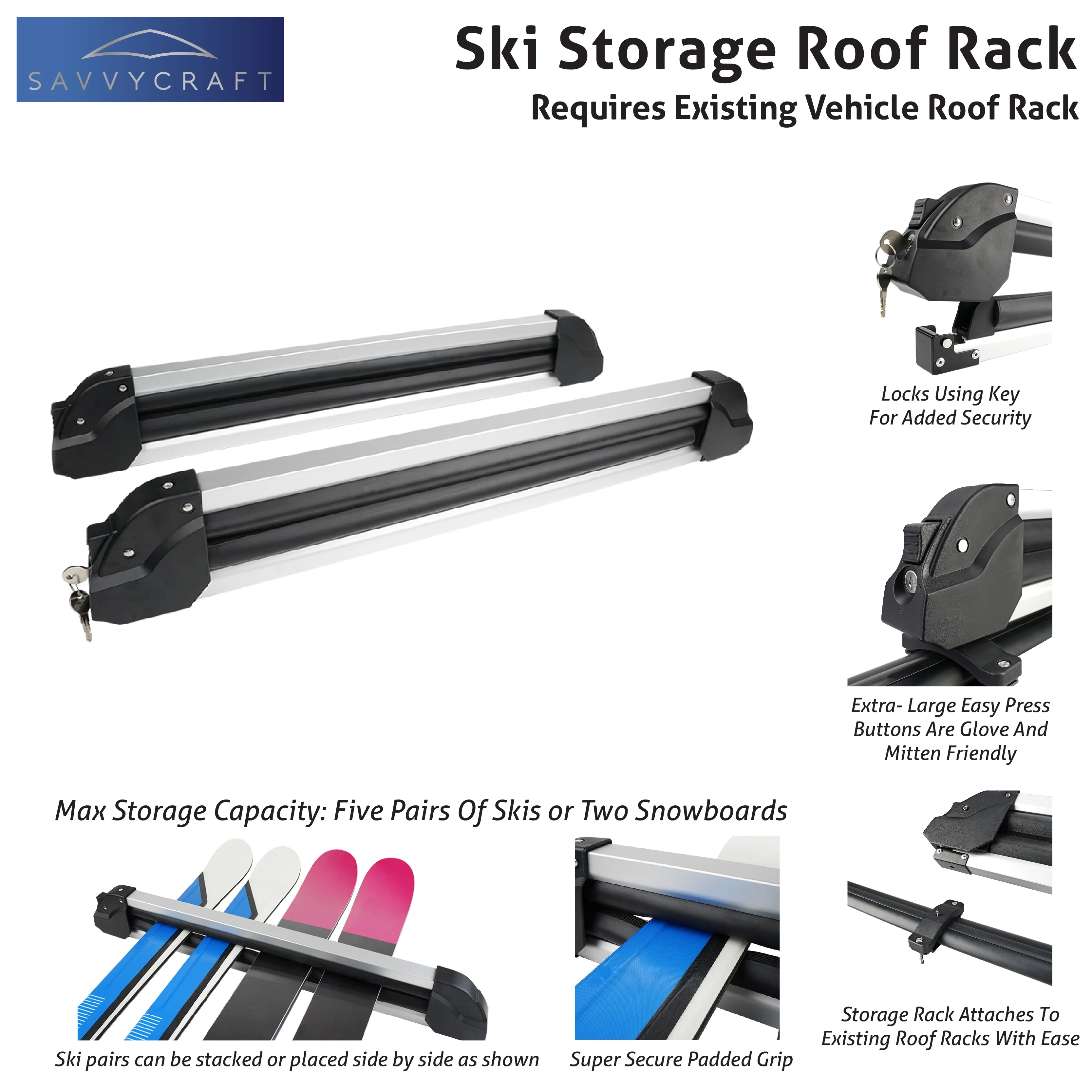 Savvycraft Car Ski Snowboard Roof Racks Mount, 2PCS Universal Mount Carry up to 5 Pairs of Skis or 4 Snowboards, Fits Most Roof Rack Crossbars