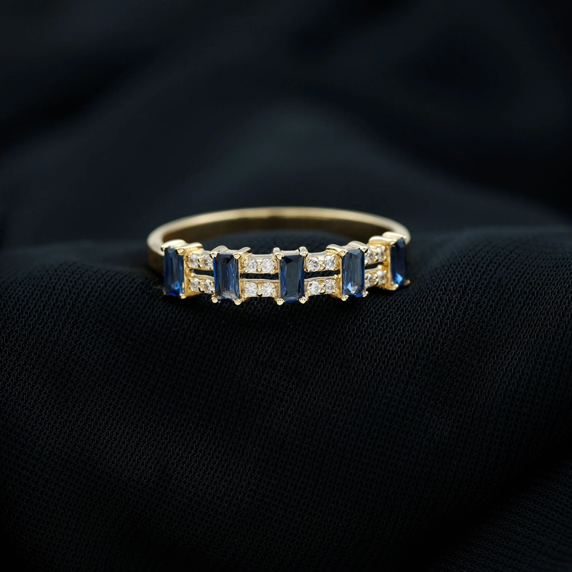 Baguette Cut Lab Grown Blue Sapphire Eternity Ring with Diamond- AAAA Quality, 14K Yellow Gold, US 8.00