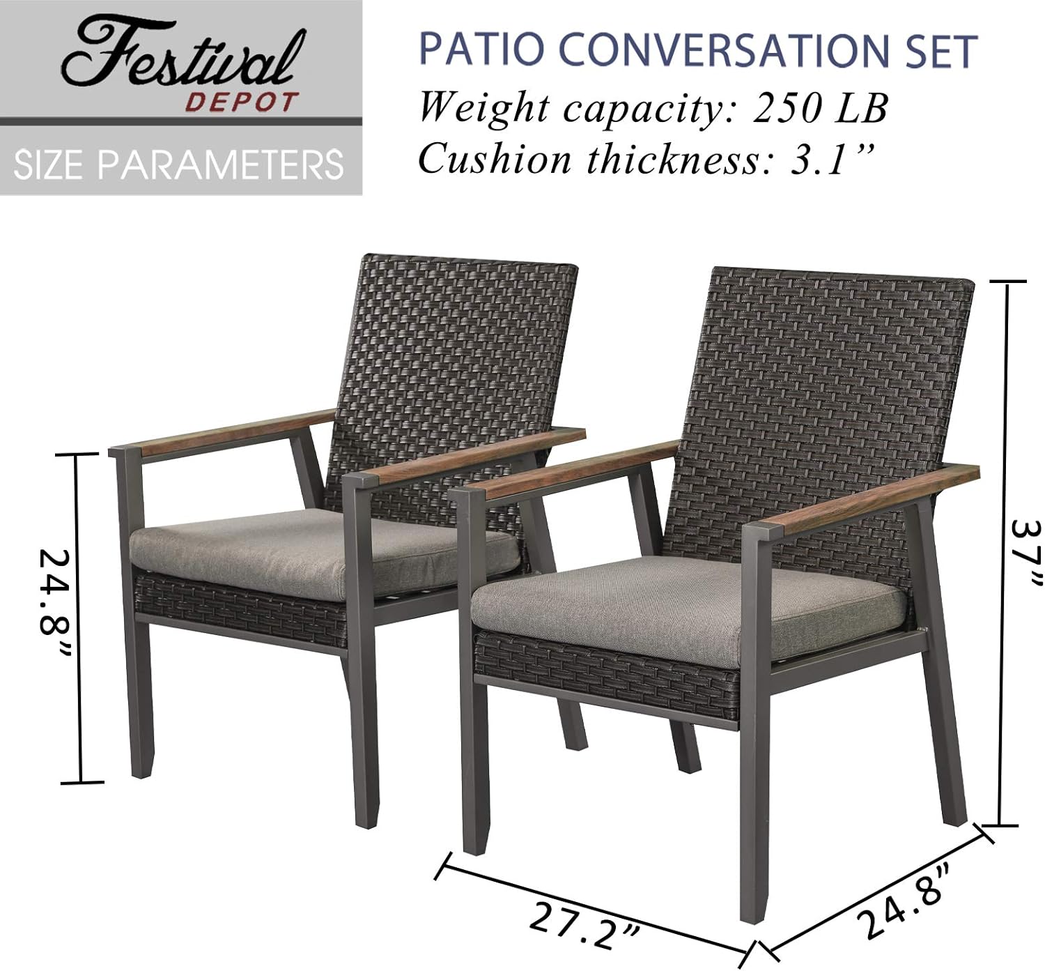 2Pcs Patio Armchair Set Metal Chair With Seat Cushions And Rattan Wicker Back Outdoor Furniture For Bistro Lawn Garden All-Weather