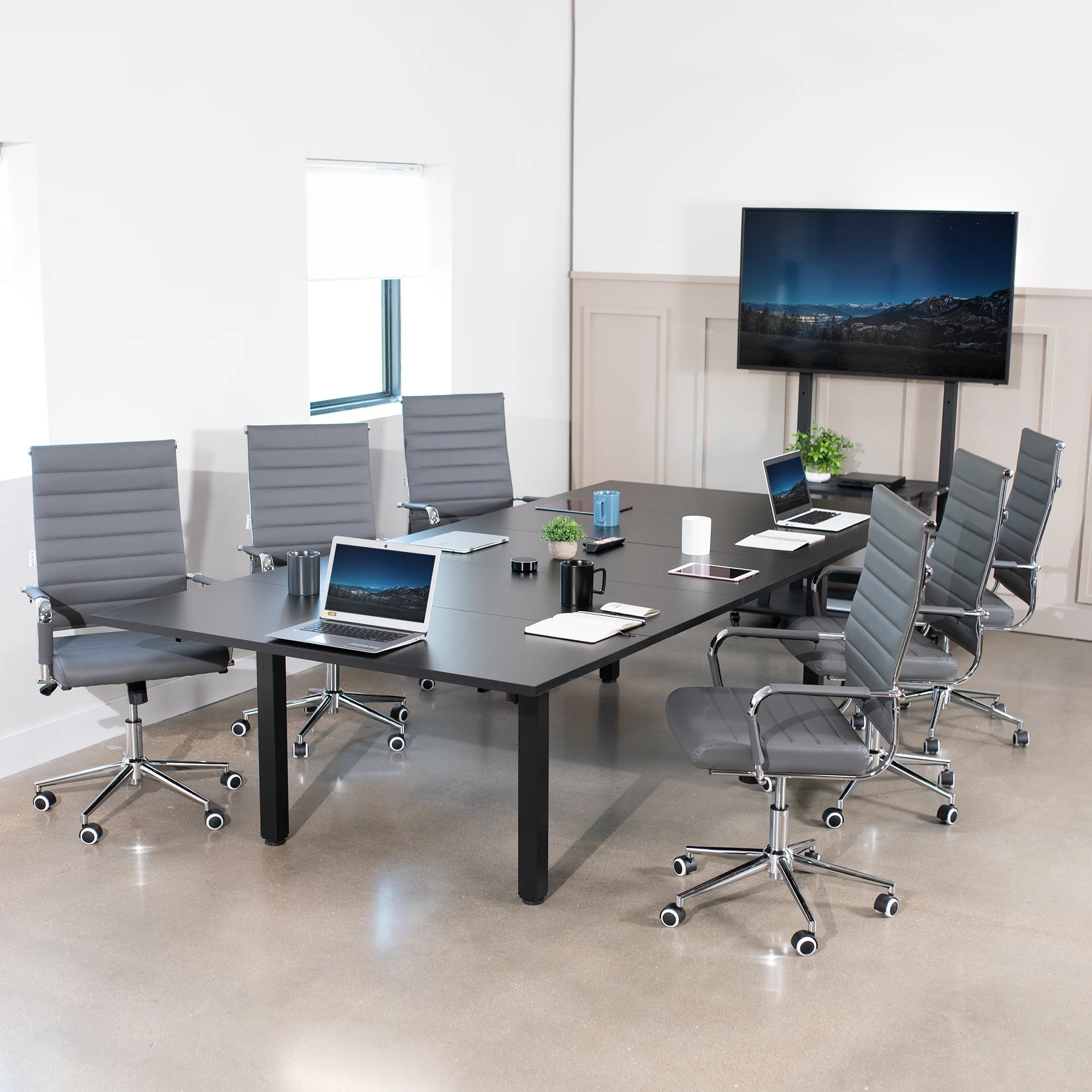 VIVO Electric 118” x 55” Square Corner Desk, Black Table Tops, Black Frame