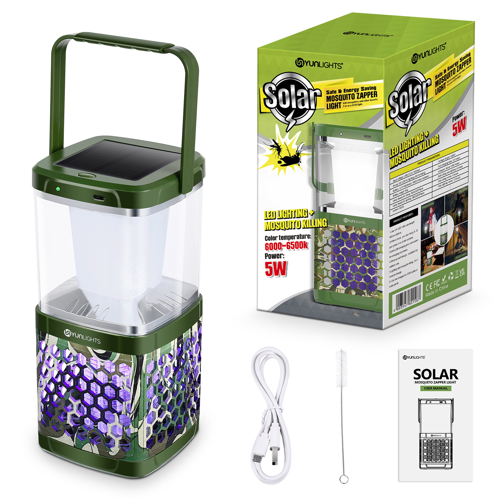 YUNLIGHTS Solar Mosquito Zapper Camping Lantern Bug Zapper Lamp Portable Tent Lamp 2 in 1 Function Bug Zapper Light for Outdoors