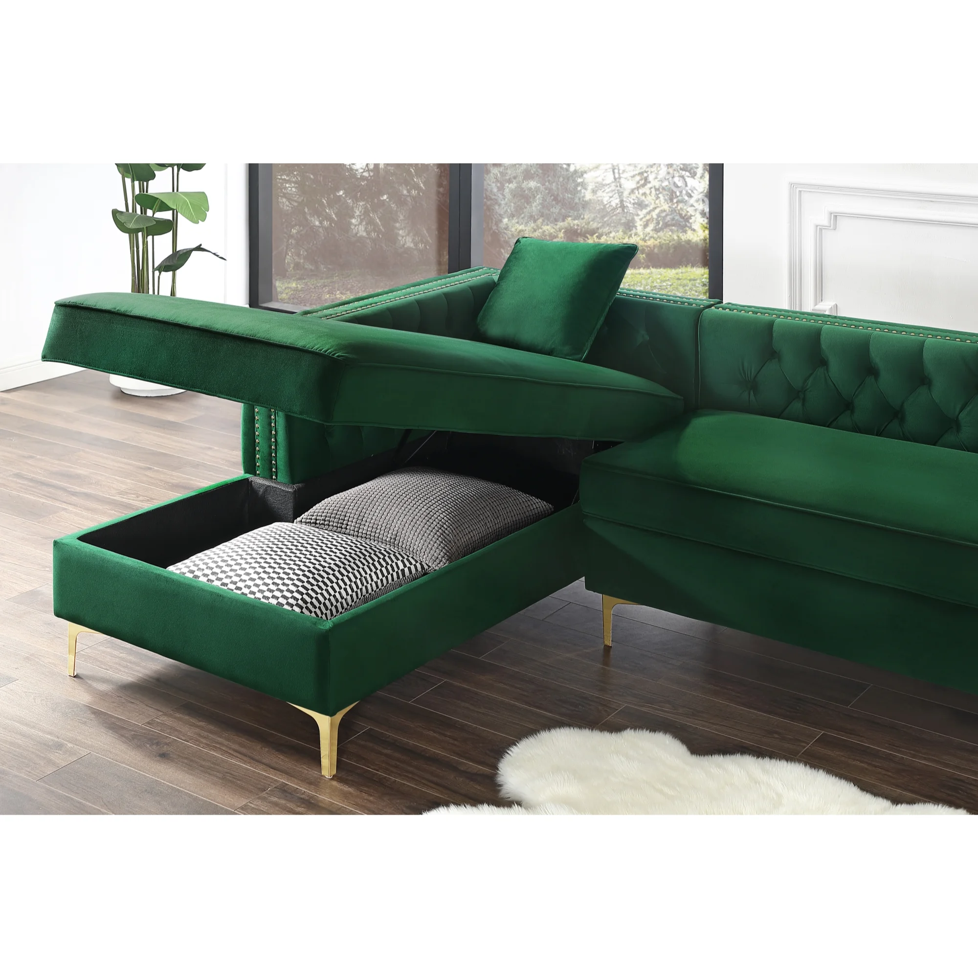 Inge Hunter Green/Silver/Gold Velvet Chaise Sectional Sofa - Gold Nailhead Trim, Button Tufted, Metal Y-Legs, Left Facing