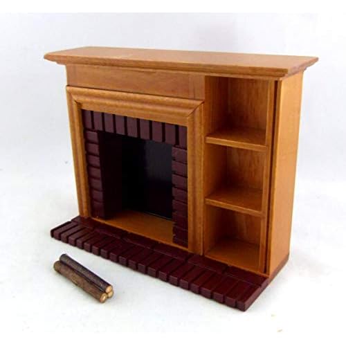 Dollhouse Miniature Furniture Walnut Red Brick Fireplace with Shelves