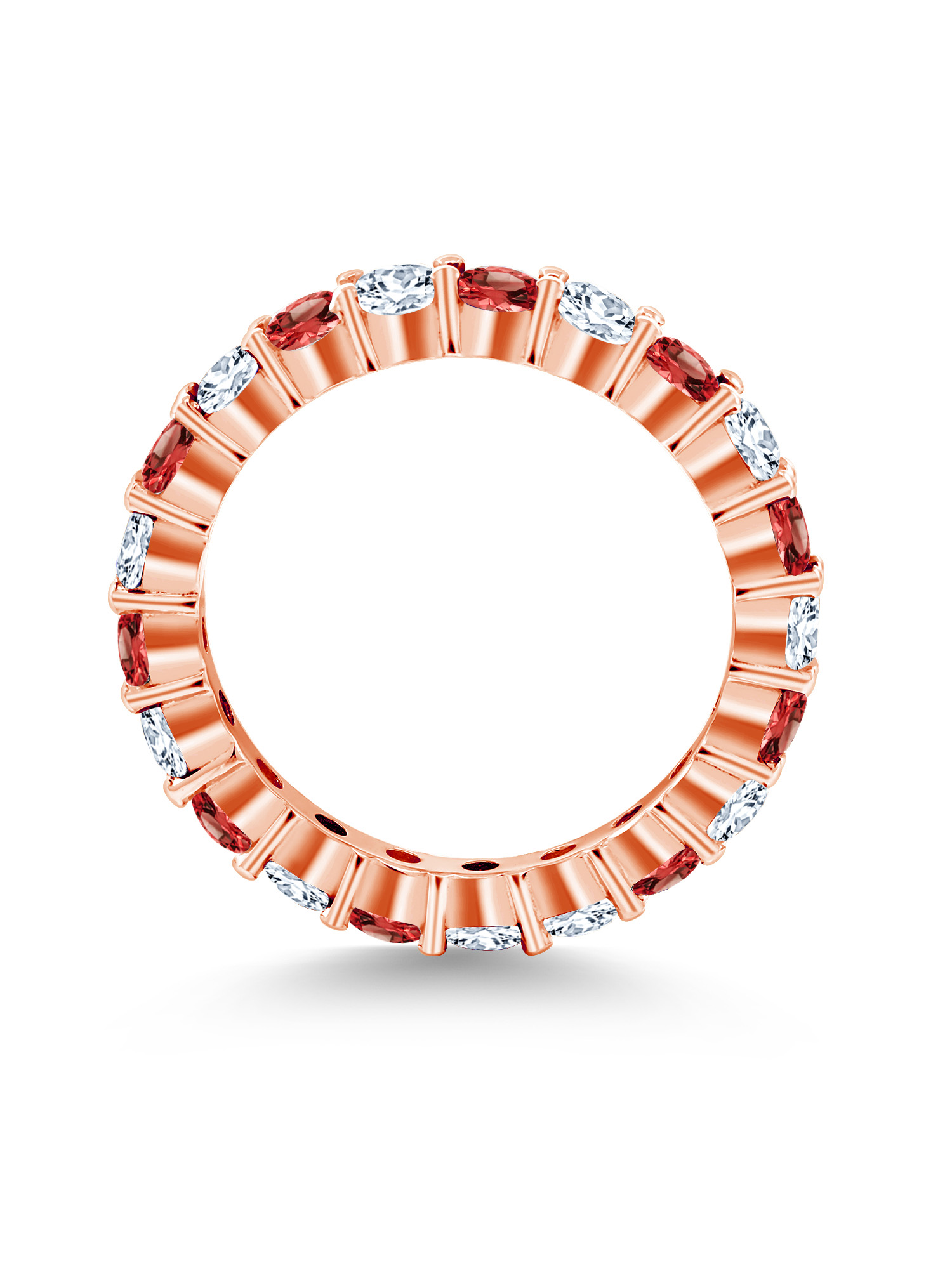 Gem Stone King 18K Rose Gold Plated Silver Round Red Garnet and White Created Sapphire Eternity Band Ring For Women (1.50 Cttw, Gemstone Birthstone, Available In Size 5, 6, 7, 8, 9)