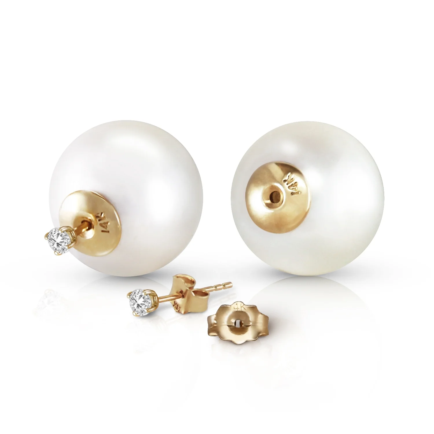 Galaxy Gold 14k SOLID GOLD STUD 0.20 CT. NATURAL DIAMONDS EARRINGS WITH WHITE SHELL PEARLS 5671 (yellow-gold)