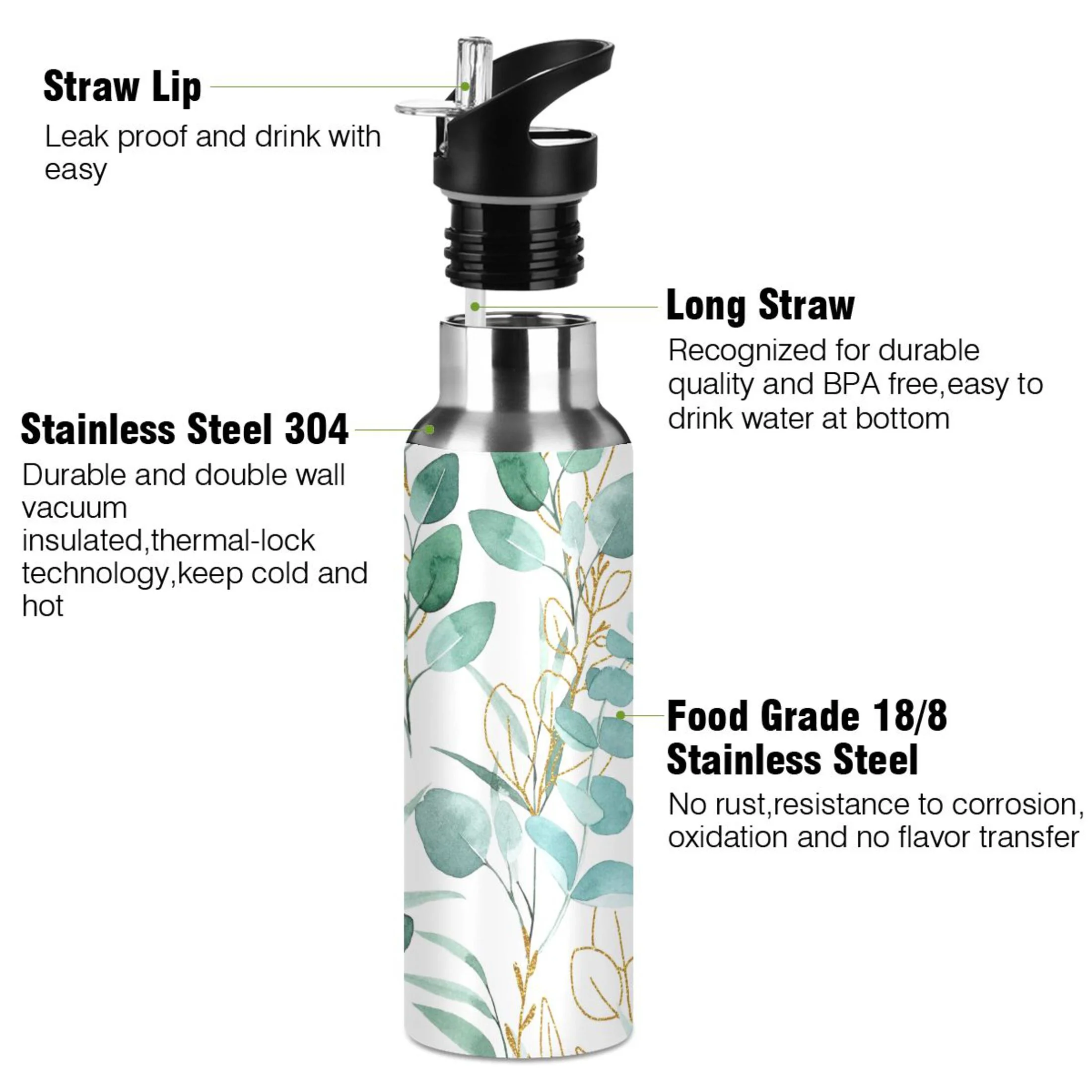 Stainless Steel Water Bottle Green and Gold Eucalyptus Leaves with Straw Lid Vacuum Insulated Leak Proof Flask Jug for Gym Travel Sports Cycling Outdoor 20 OZ