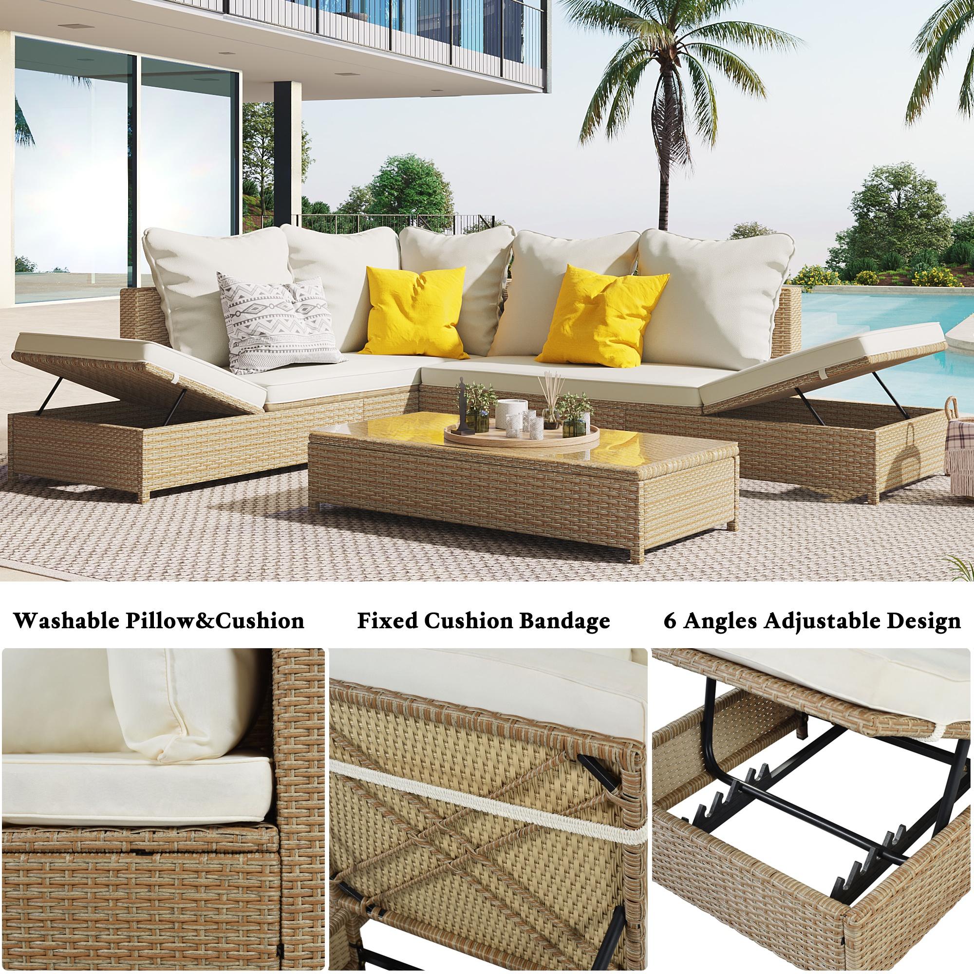 Glavbiku 6 Seat Patio Rattan Sofa Set,Outdoor PE Wicker Sectional Set with Adjustable Chaise,Brown