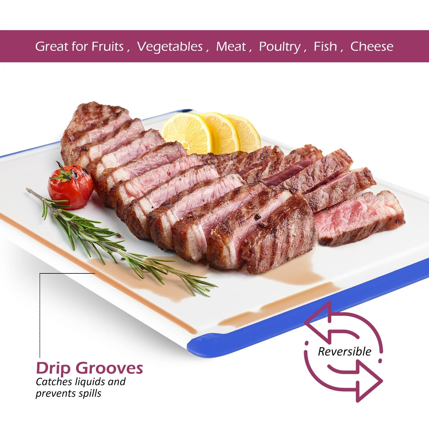 Belwares Large Plastic Cutting Board with Drip Grooves, Blue