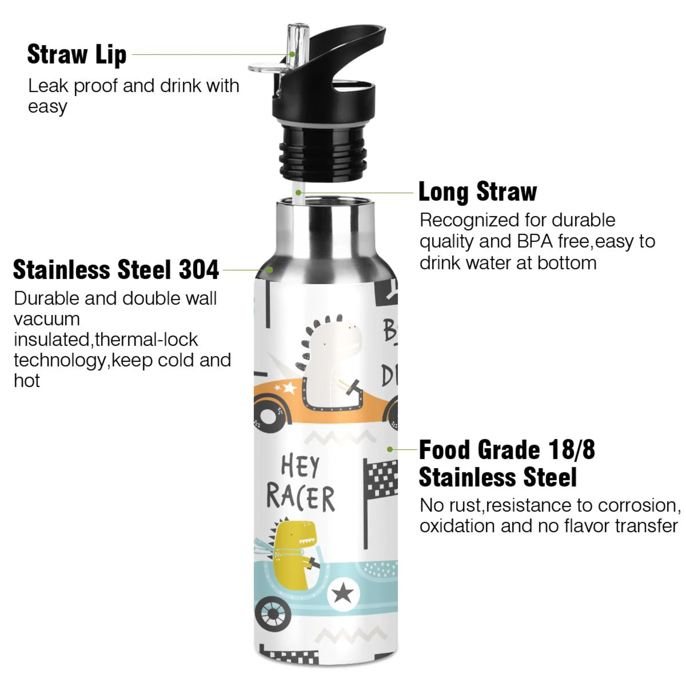 Water Bottle with Straw Lid Leak Dinosaur Drive Car Stainless Steel Insulated Thermos Vacuum Flask for Cold Hot Drinking for Sports Camping Gym Yoga